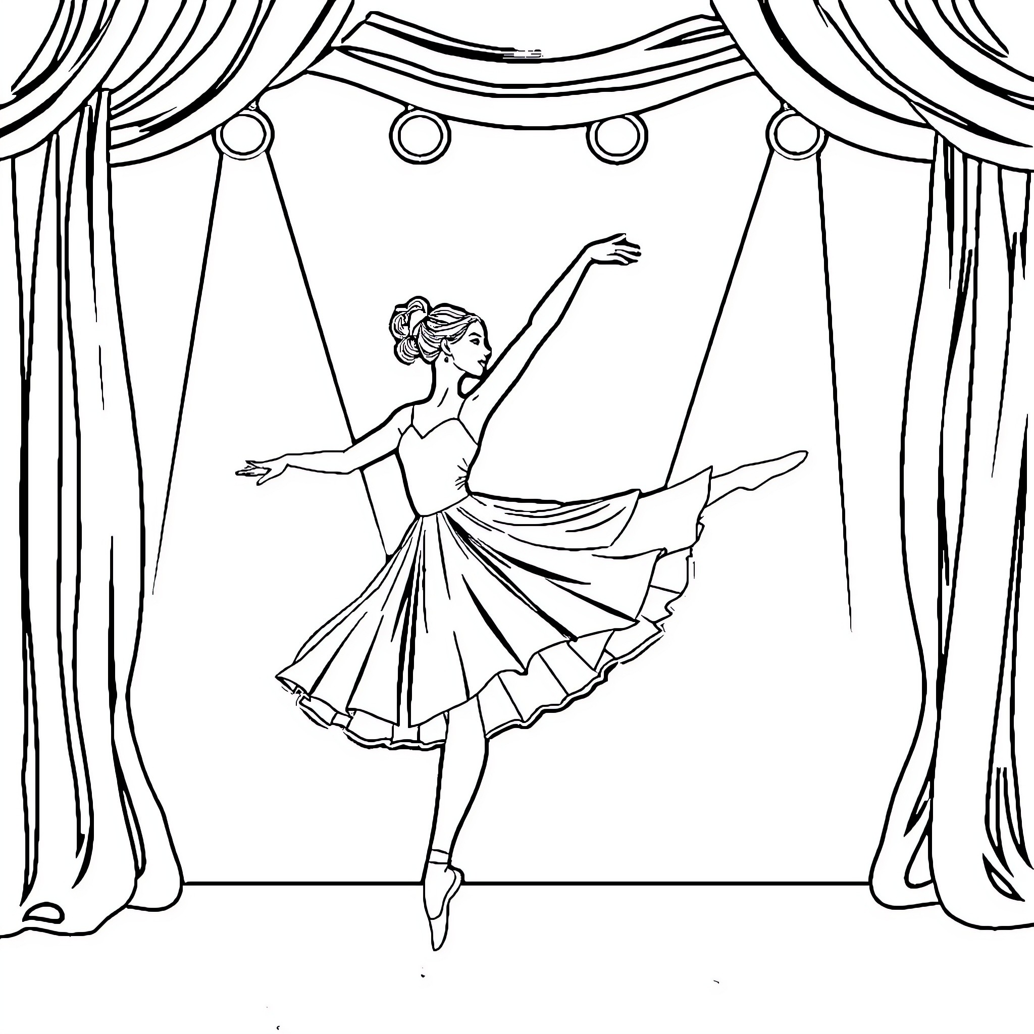 Ballerina performing graceful dance on stage Coloring Page (free black-and-white line drawing printable PDF for all, from beginners to advanced learners, including children, teens, adults, and seniors)