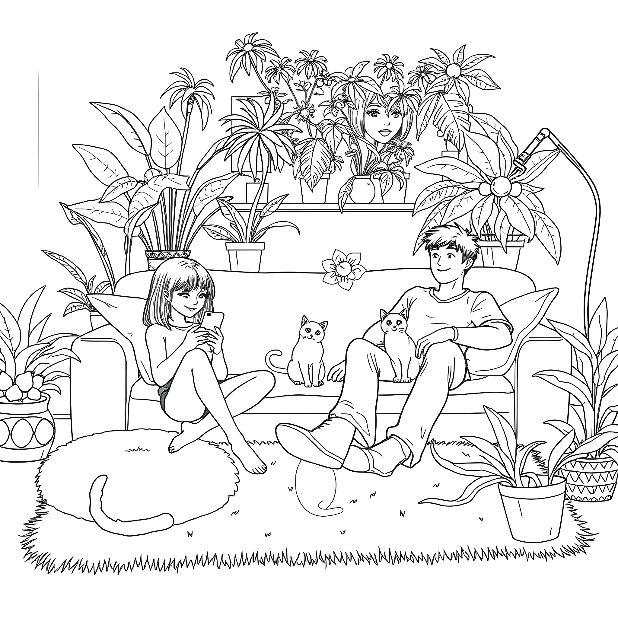 Girl relaxing with cats in a lush indoor garden Coloring Page (free black-and-white line drawing printable PDF for all, from beginners to advanced learners, including children, teens, adults, and seniors)