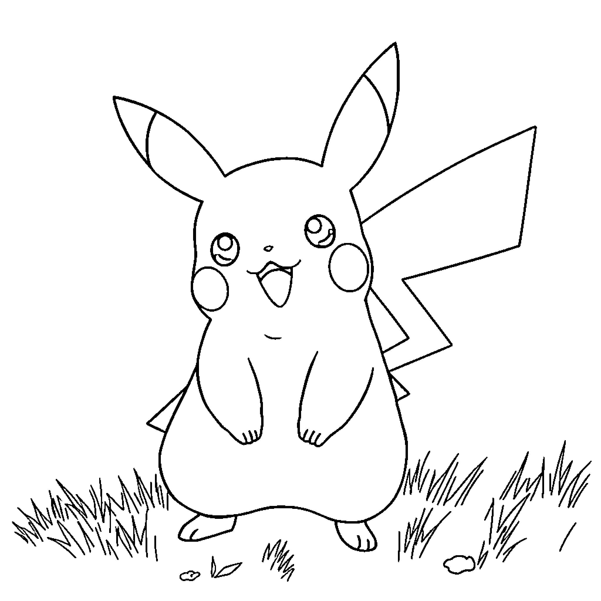 Pikachu's Joyful Expression in the Grassy Meadow Coloring Page (free black-and-white line drawing printable PDF for all, from beginners to advanced learners, including children, teens, adults, and seniors)