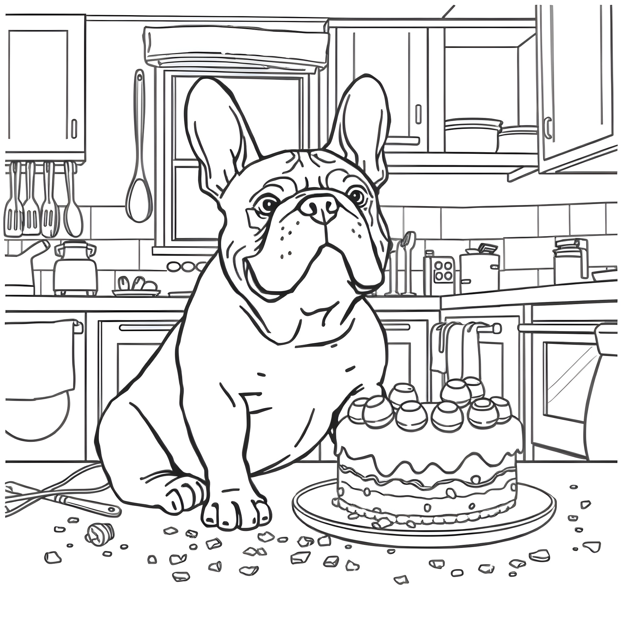 Bulldog enjoying a birthday cake in the kitchen Coloring Page (free black-and-white line drawing printable PDF for all, from beginners to advanced learners, including children, teens, adults, and seniors)