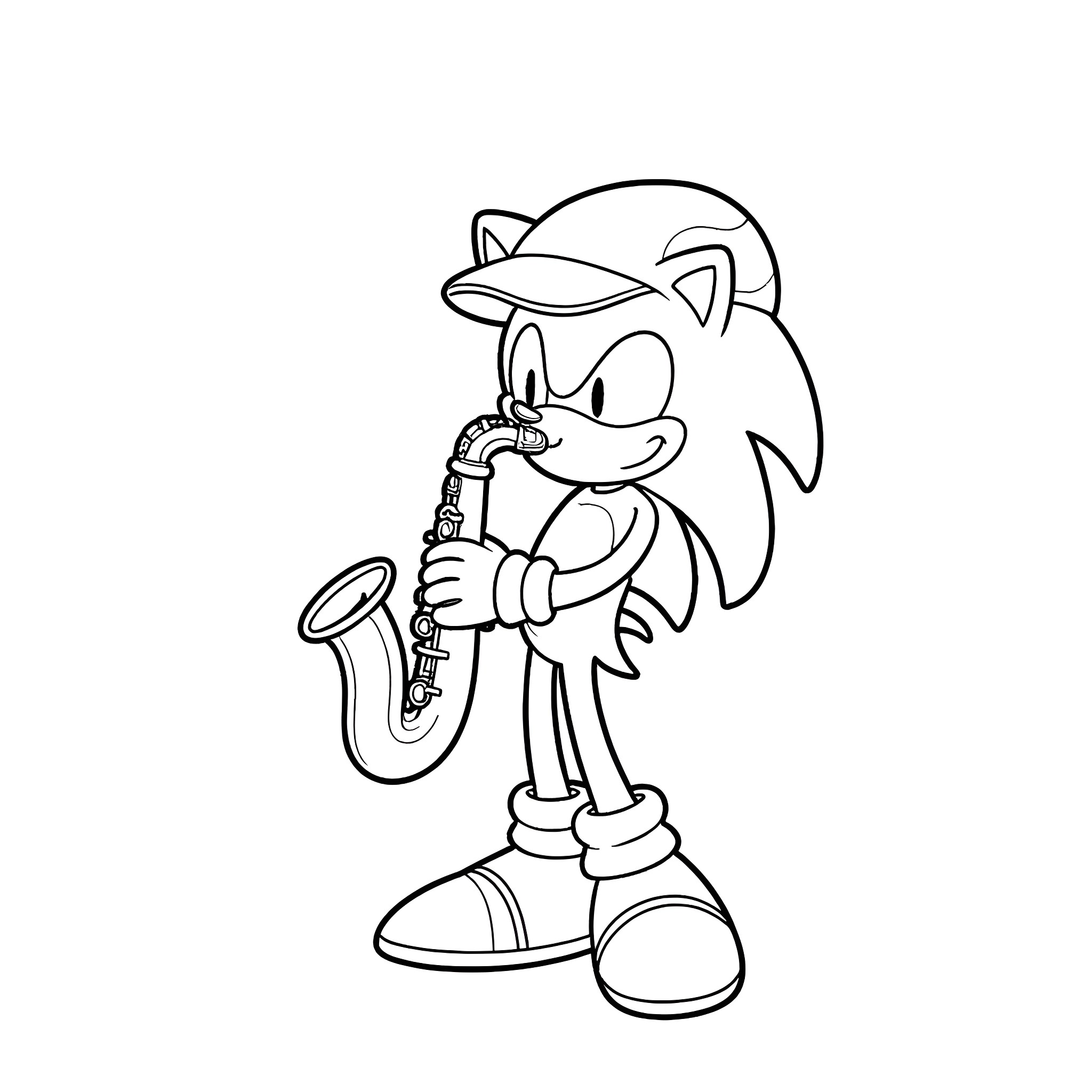 Sonic playing saxophone in performance Coloring Page (free black-and-white line drawing printable PDF for all, from beginners to advanced learners, including children, teens, adults, and seniors)