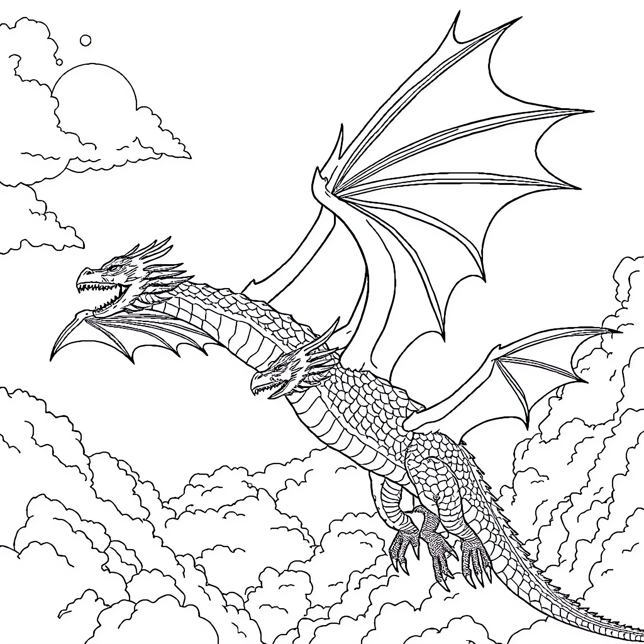Dragon soaring through the cloudy skies Coloring Page (free black-and-white line drawing printable PDF for all, from beginners to advanced learners, including children, teens, adults, and seniors)