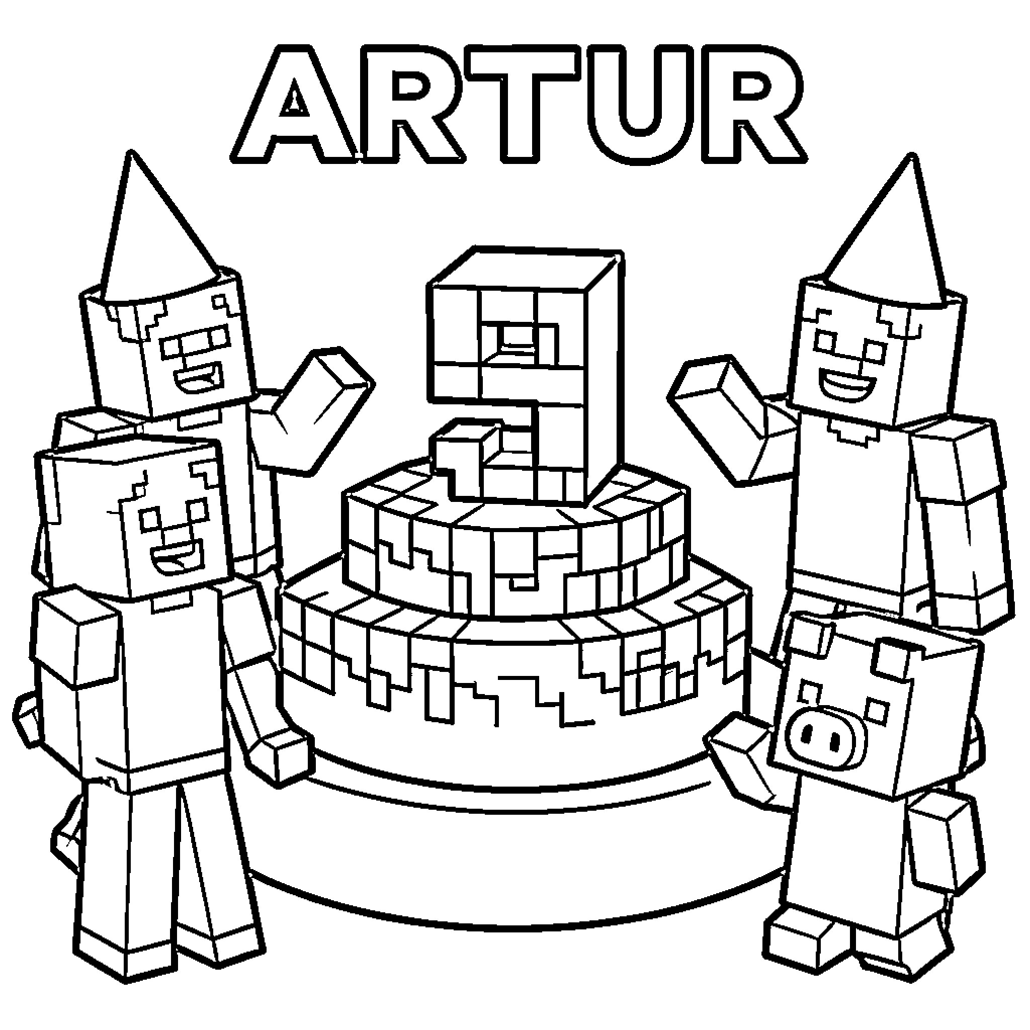 Cake celebration with blocky characters wearing party hats Coloring Page (free black-and-white line drawing printable PDF for all, from beginners to advanced learners, including children, teens, adults, and seniors)