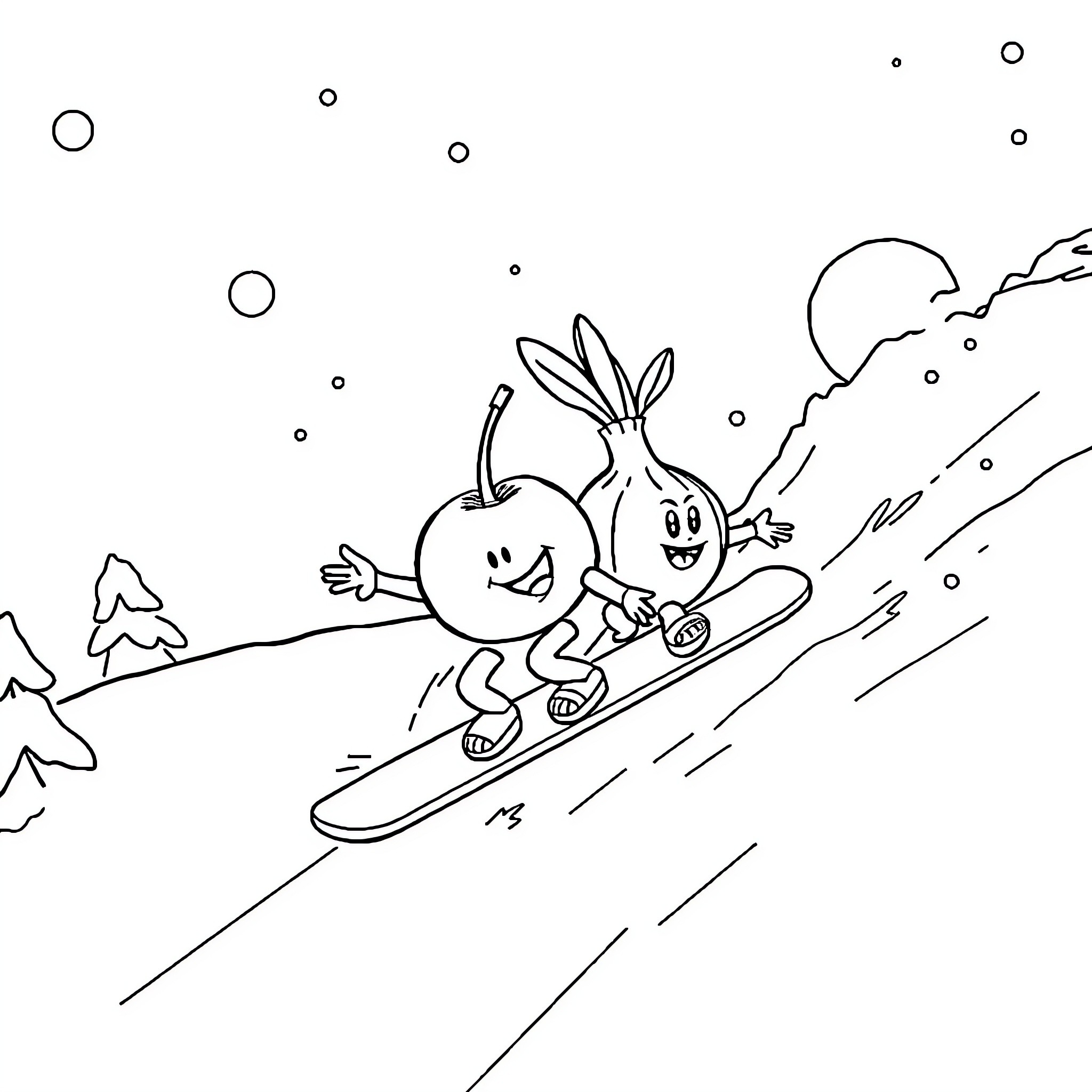 Apple and Onion skiing down the slopes Coloring Page (free black-and-white line drawing printable PDF for all, from beginners to advanced learners, including children, teens, adults, and seniors)
