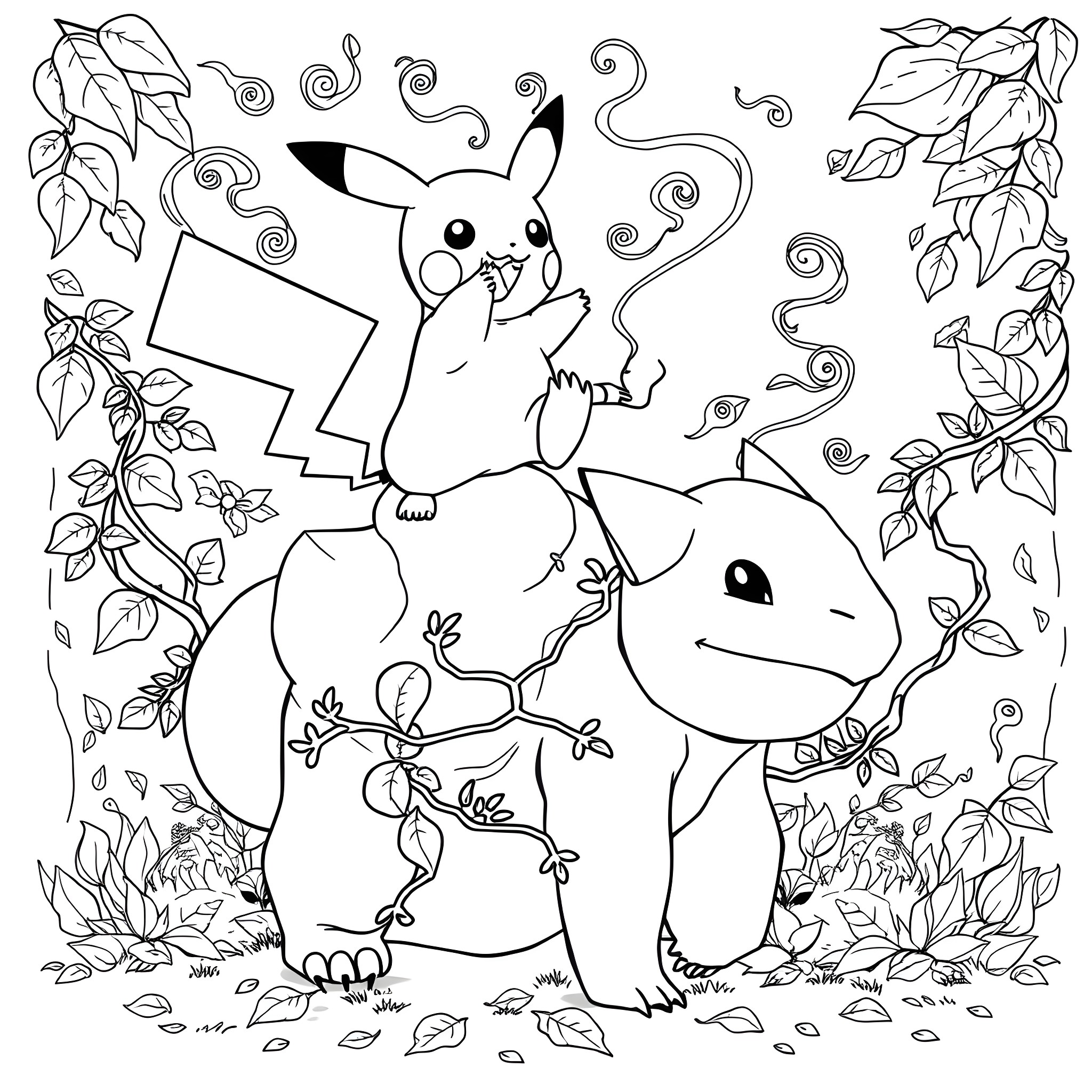 Pikachu and Squirtle playing in the nature Coloring Page (free black-and-white line drawing printable PDF for all, from beginners to advanced learners, including children, teens, adults, and seniors)