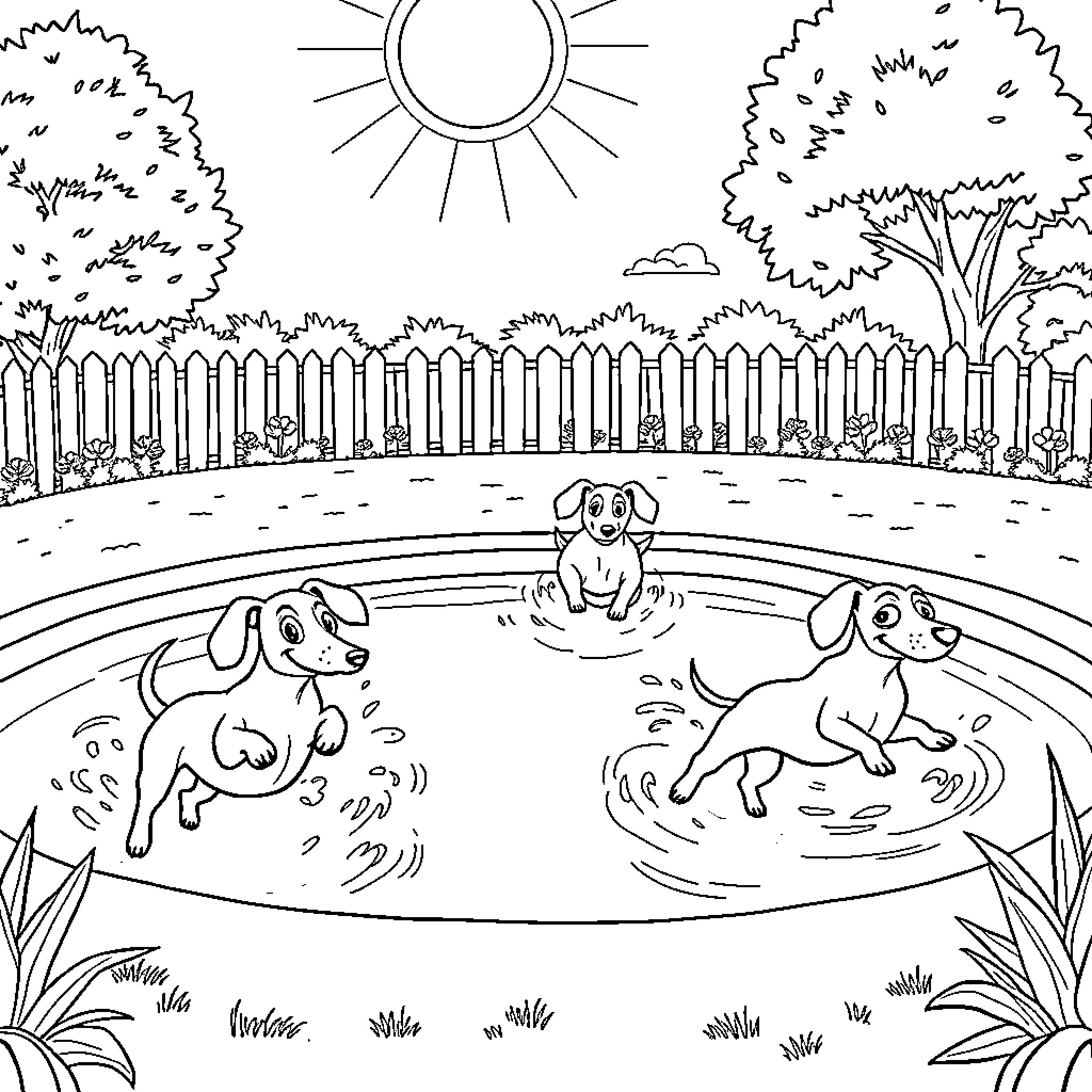 Wiener Dogs Playing in the Pool on a Sunny Day Coloring Page (free black-and-white line drawing printable PDF for all, from beginners to advanced learners, including children, teens, adults, and seniors)