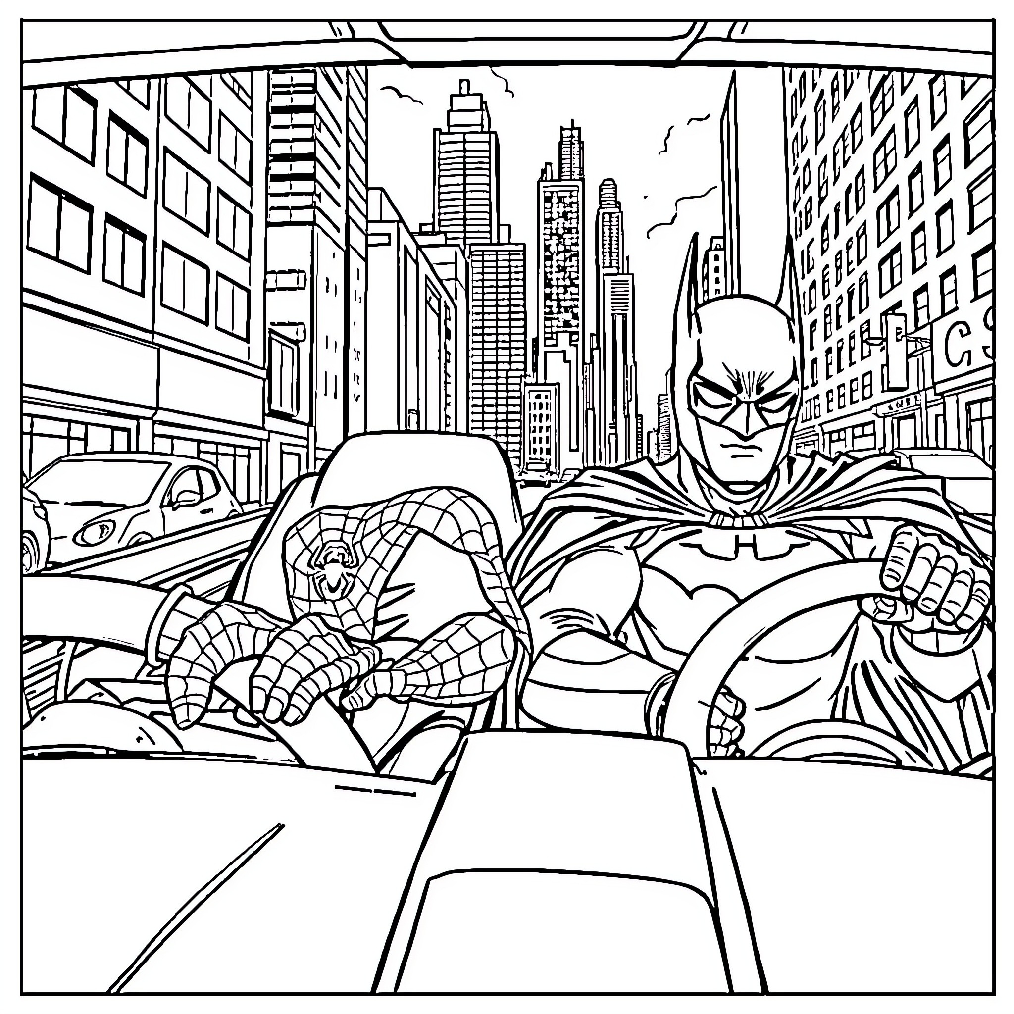 Superheroes battling in the city streets Coloring Page (free black-and-white line drawing printable PDF for all, from beginners to advanced learners, including children, teens, adults, and seniors)