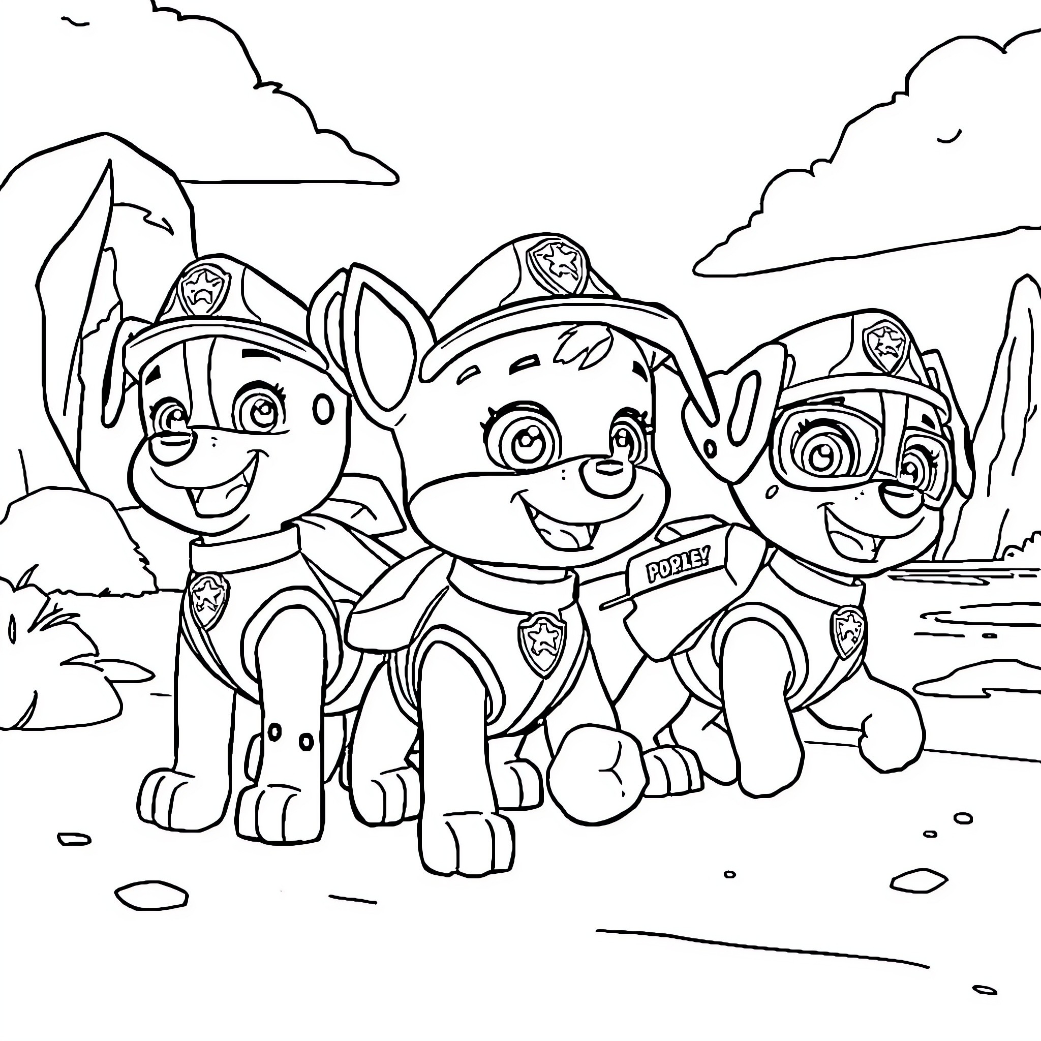 Paw Patrol characters in an outdoor adventure scene Coloring Page (free black-and-white line drawing printable PDF for all, from beginners to advanced learners, including children, teens, adults, and seniors)