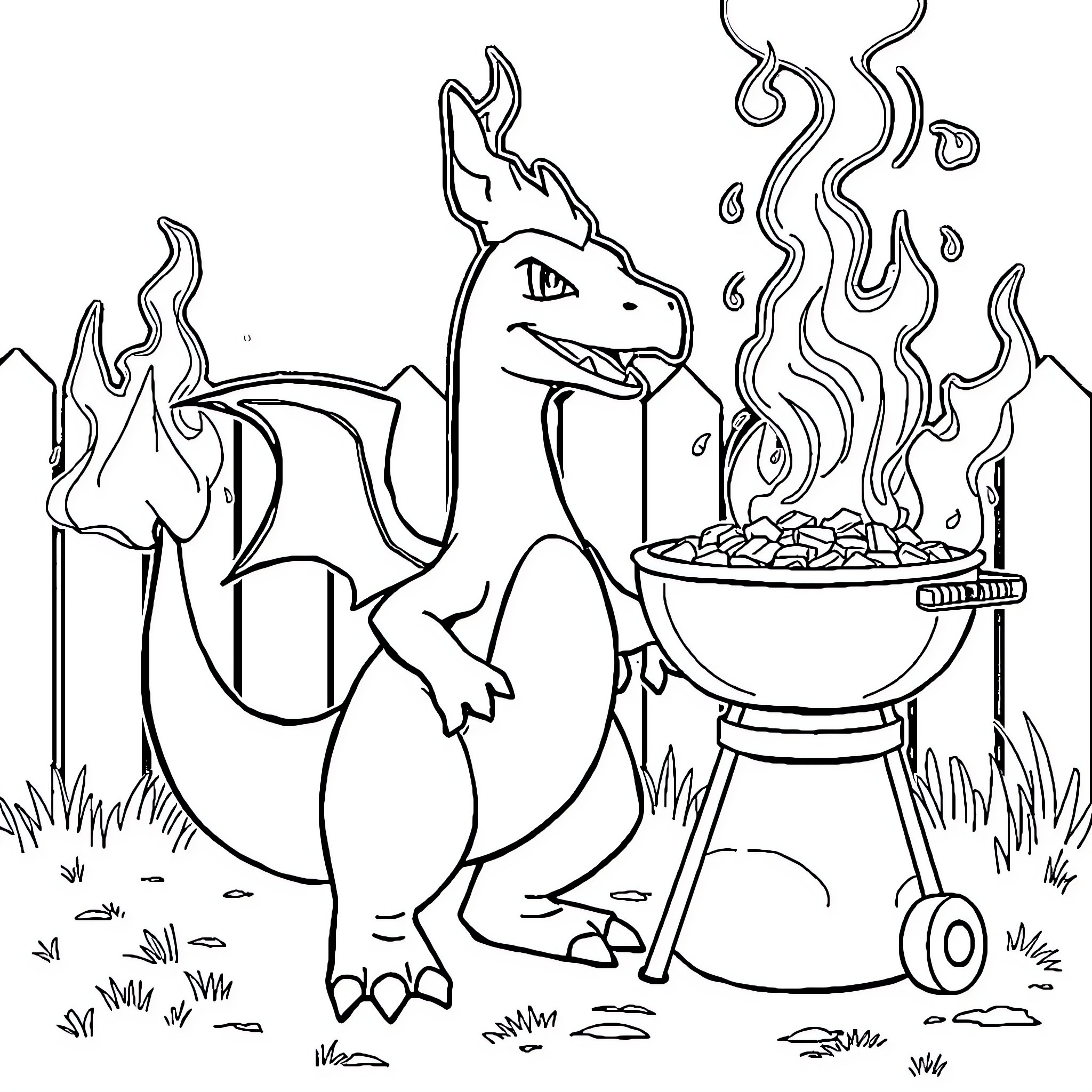 Charizard grilling food at a campfire Coloring Page (free black-and-white line drawing printable PDF for all, from beginners to advanced learners, including children, teens, adults, and seniors)
