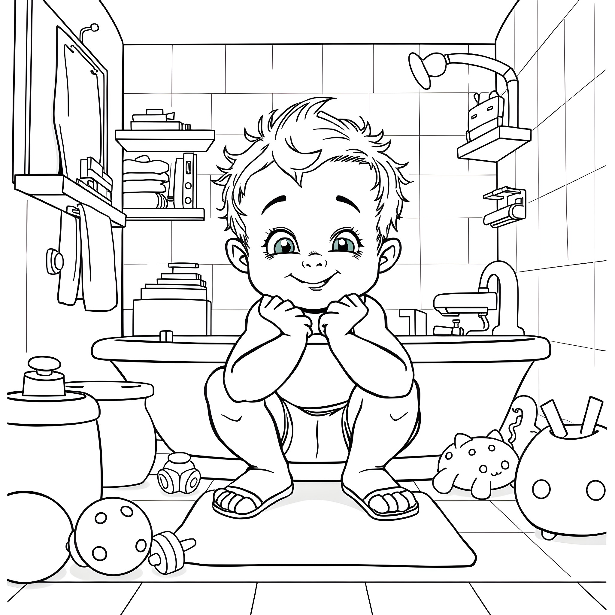 Kid enjoying toys in his room Coloring Page (free black-and-white line drawing printable PDF for all, from beginners to advanced learners, including children, teens, adults, and seniors)