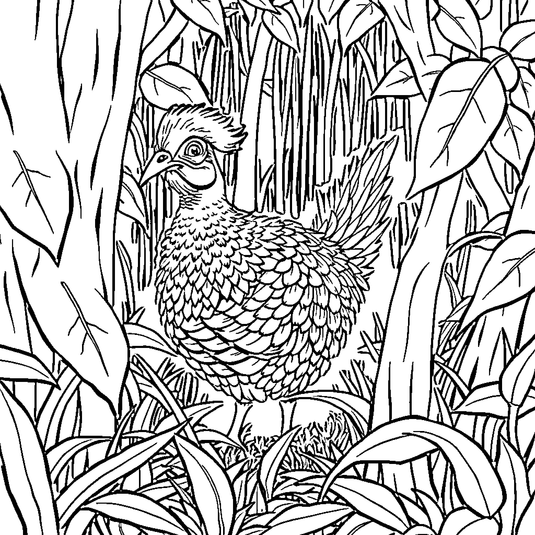 Pheasant in a lush forest Coloring Page (free black-and-white line drawing printable PDF for all, from beginners to advanced learners, including children, teens, adults, and seniors)