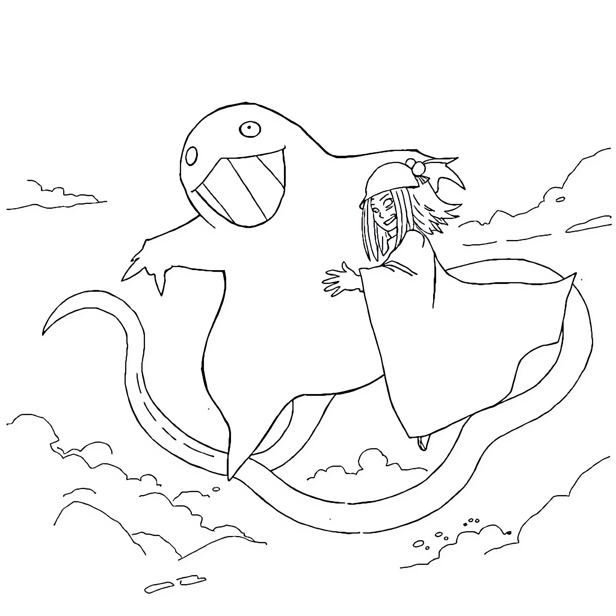 Gengar having fun with a pirate in the sky Coloring Page (free black-and-white line drawing printable PDF for all, from beginners to advanced learners, including children, teens, adults, and seniors)