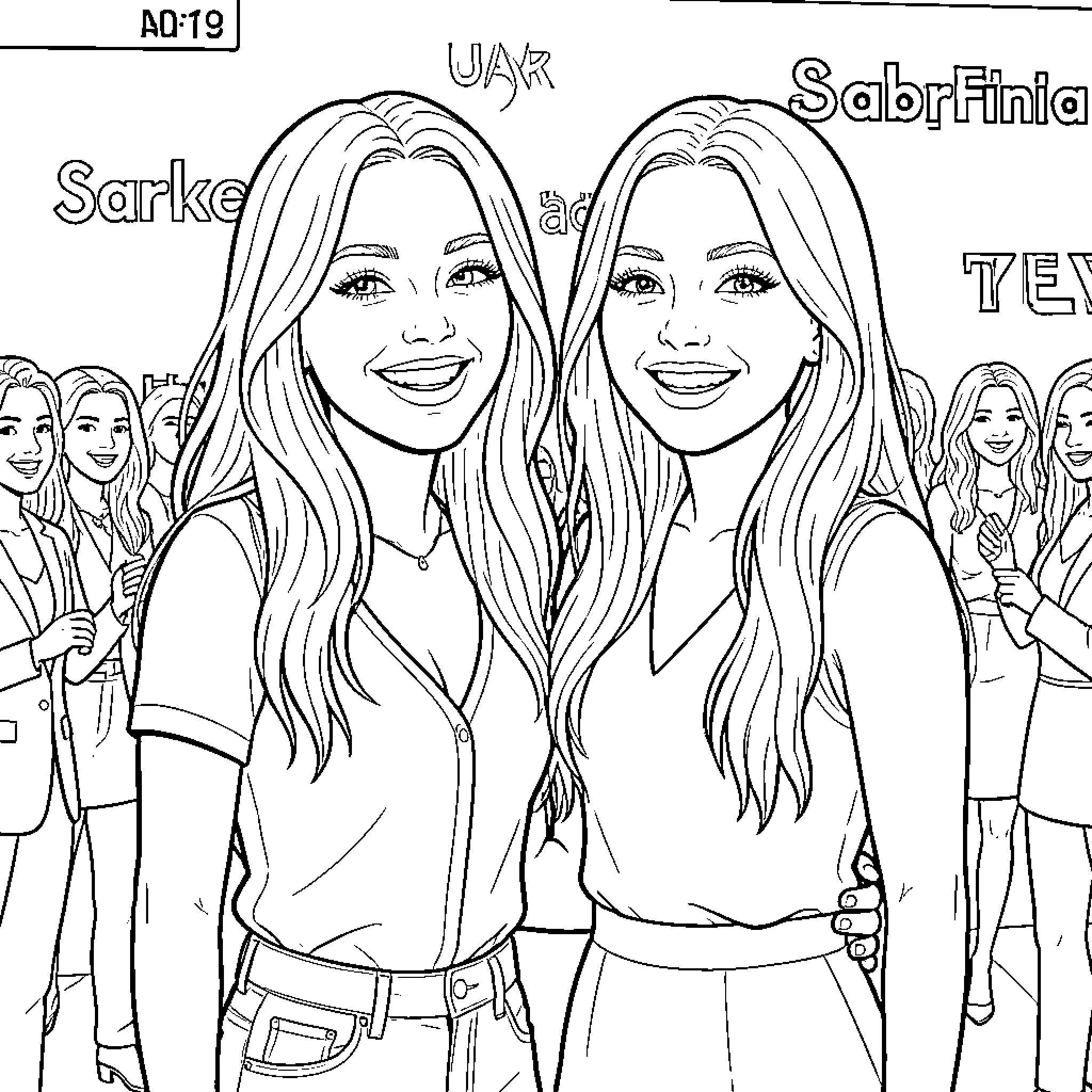 Sabrina Carpenter and friends depicted in black and white illustration Coloring Page (free black-and-white line drawing printable PDF for all, from beginners to advanced learners, including children, teens, adults, and seniors)