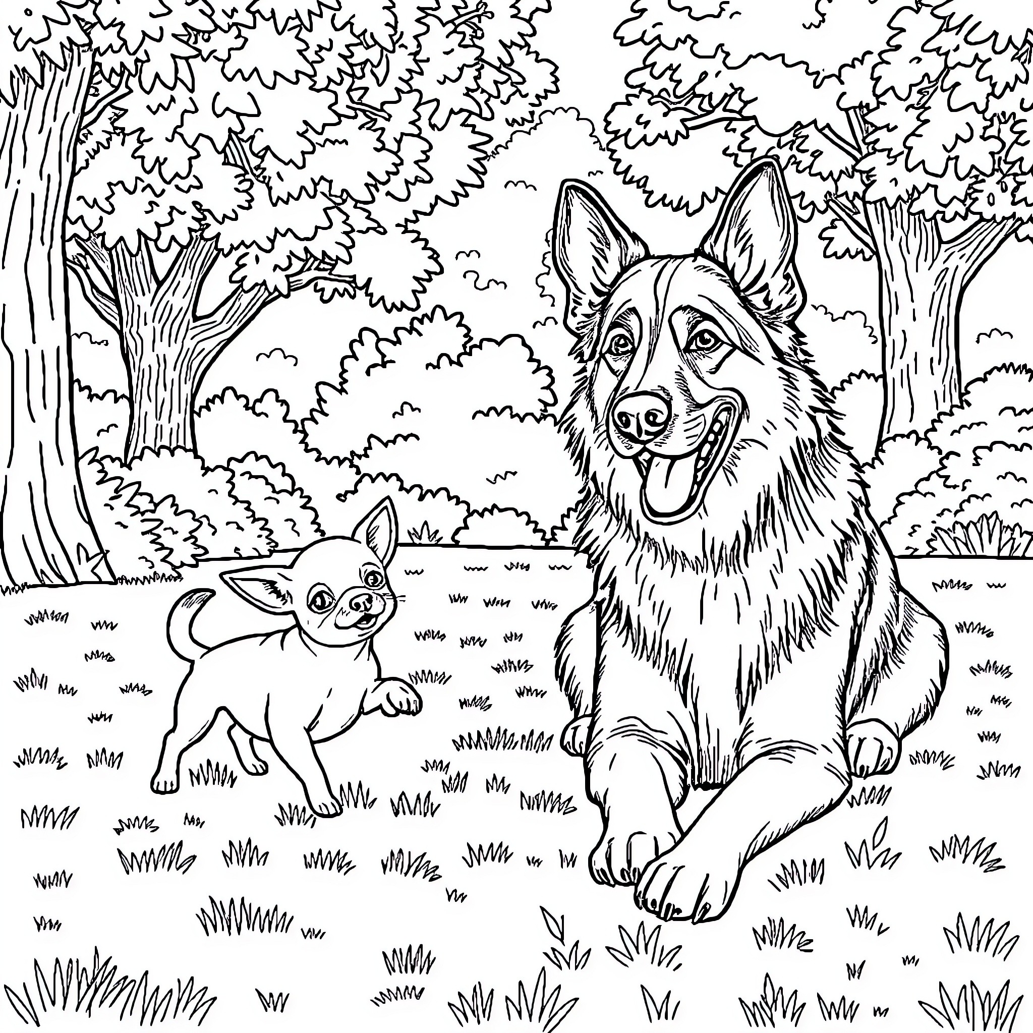 Dog and Puppy Enjoying Nature in the Woods Coloring Page (free black-and-white line drawing printable PDF for all, from beginners to advanced learners, including children, teens, adults, and seniors)