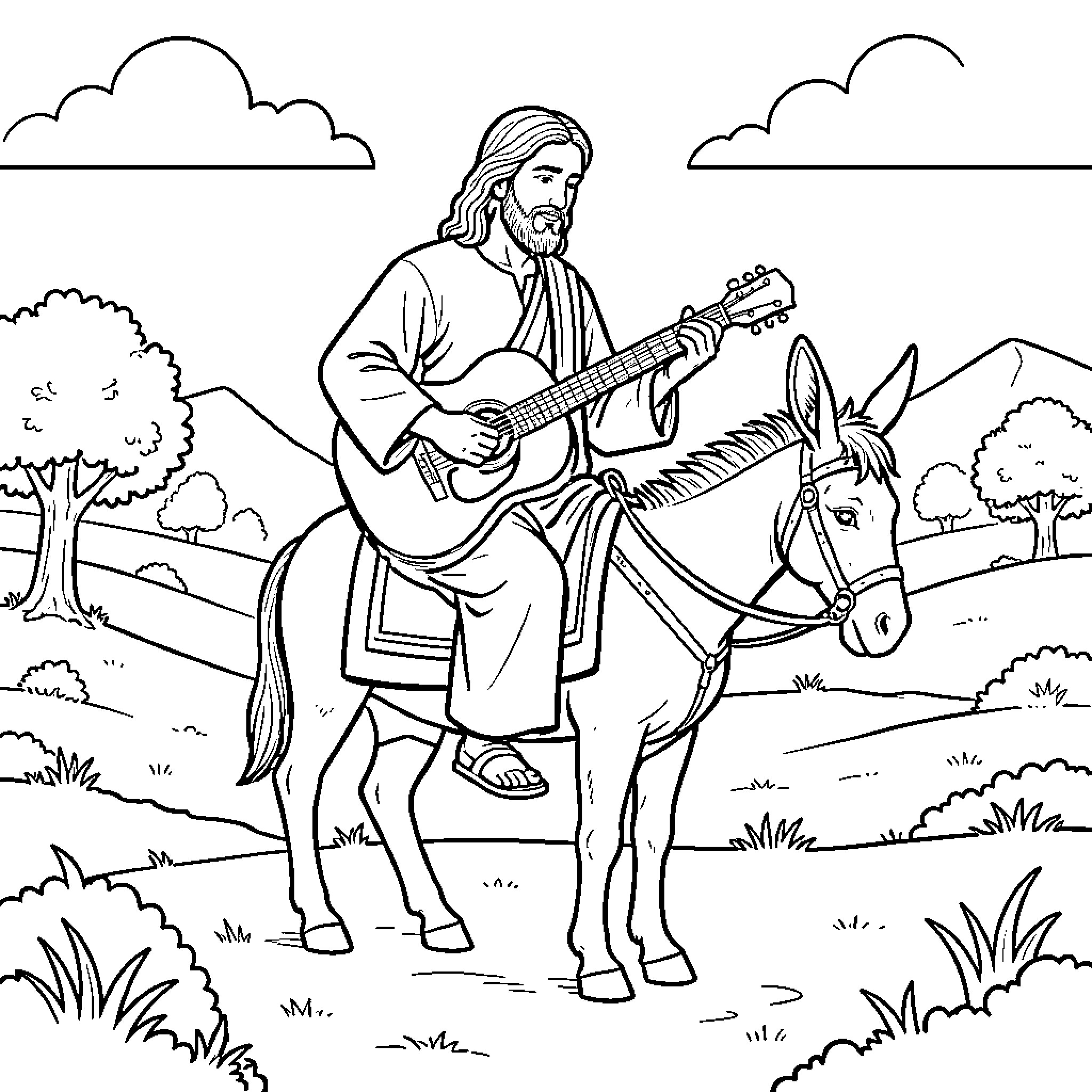 Jesus playing guitar while riding a donkey Coloring Page (free black-and-white line drawing printable PDF for all, from beginners to advanced learners, including children, teens, adults, and seniors)