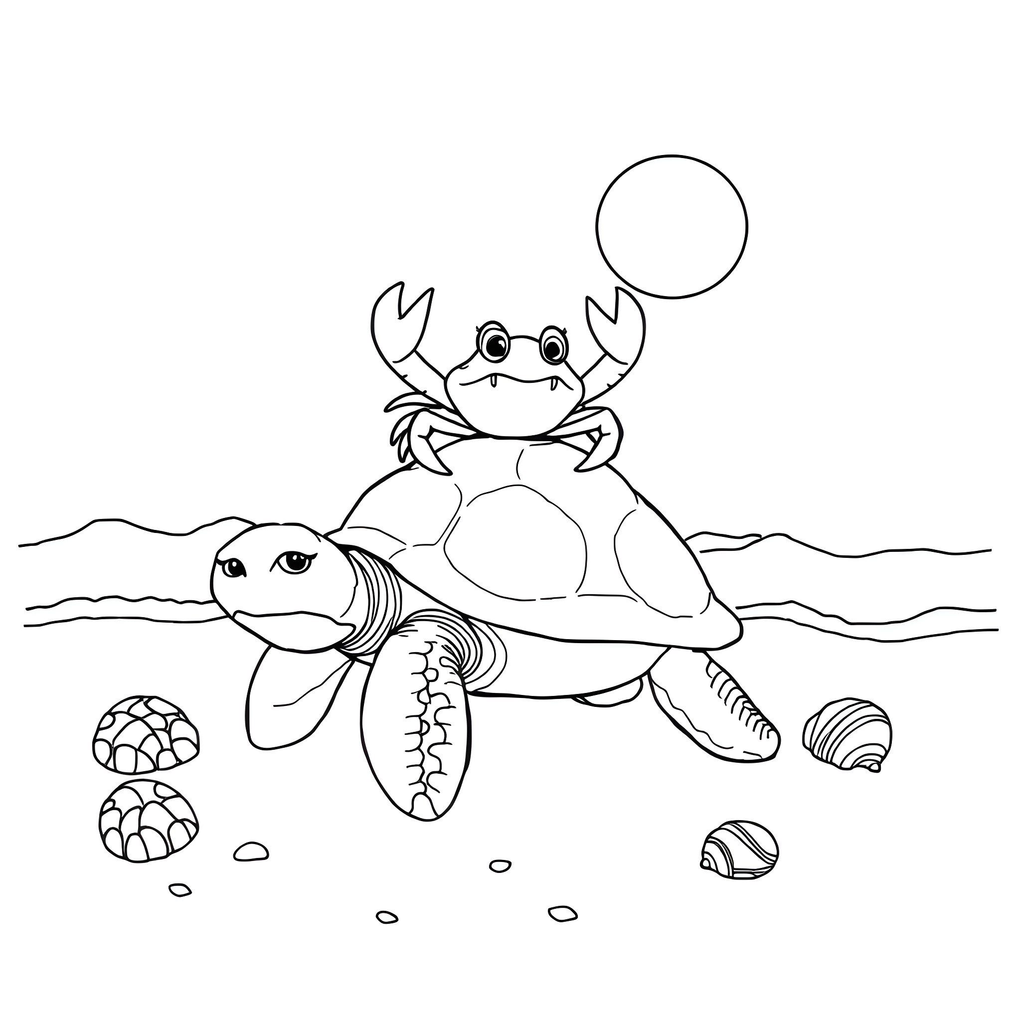 Crab posing on top of a turtle in the sea Coloring Page (free black-and-white line drawing printable PDF for all, from beginners to advanced learners, including children, teens, adults, and seniors)