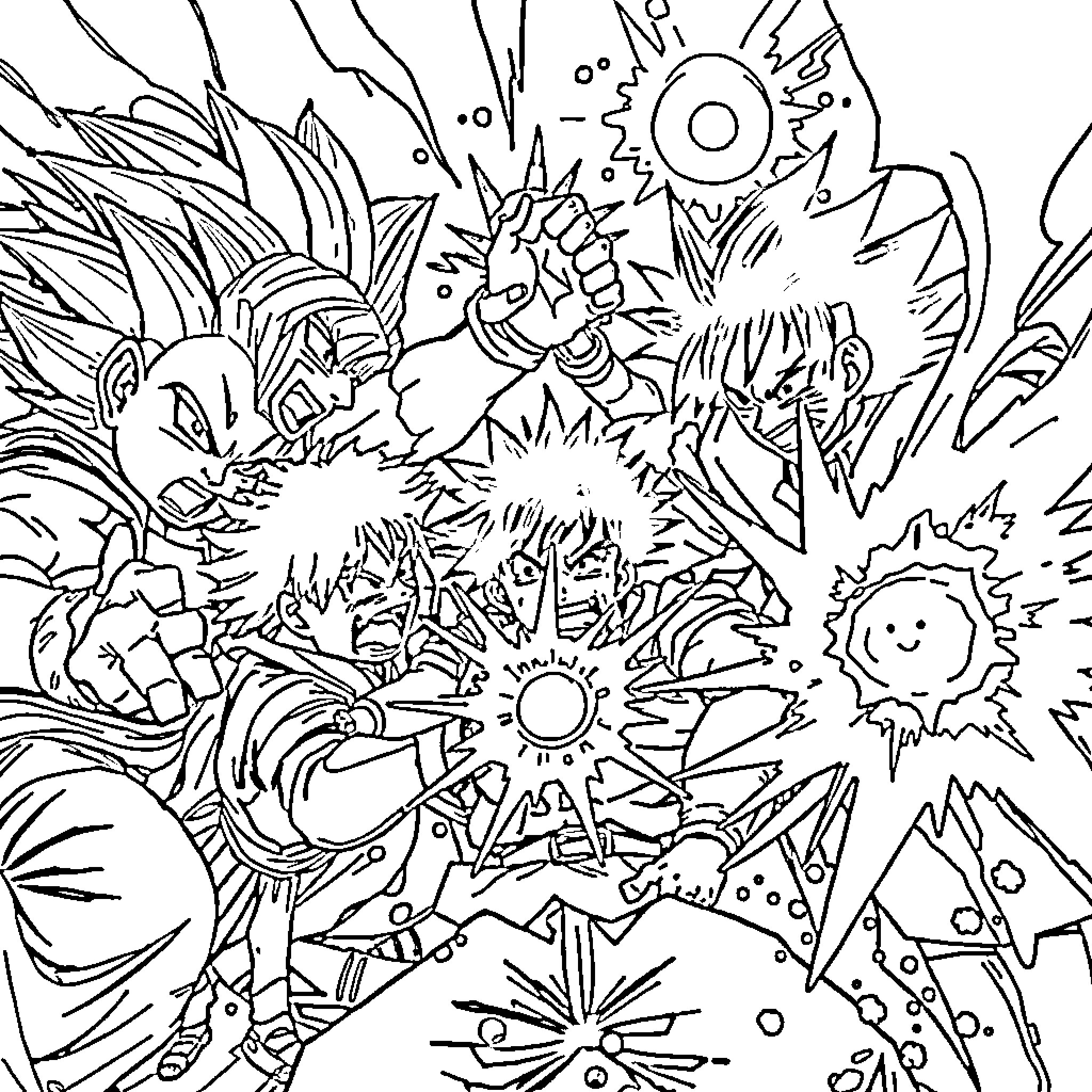Anime Characters Battling in a Fantastical Scene Coloring Page (free black-and-white line drawing printable PDF for all, from beginners to advanced learners, including children, teens, adults, and seniors)