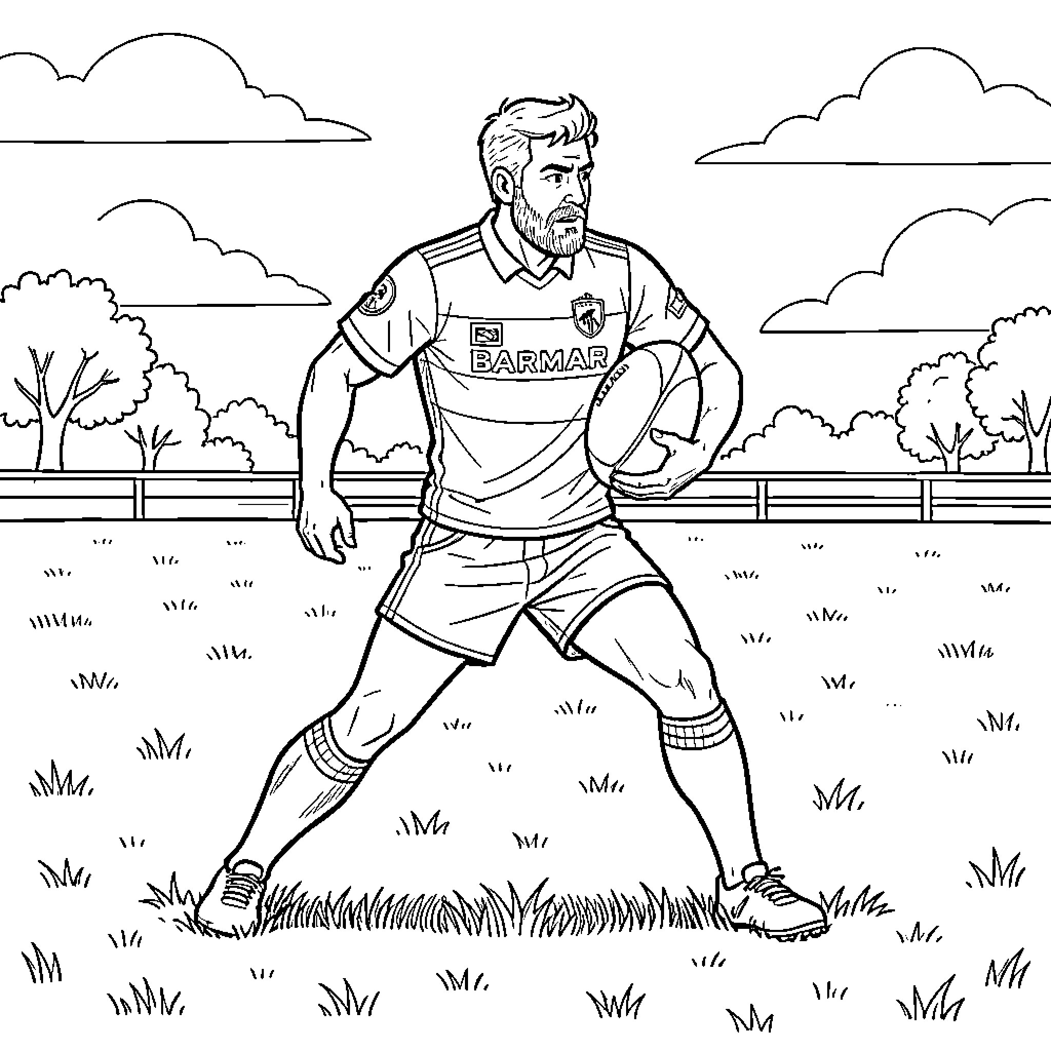 Barman running across a field with a rugby ball Coloring Page (free black-and-white line drawing printable PDF for all, from beginners to advanced learners, including children, teens, adults, and seniors)