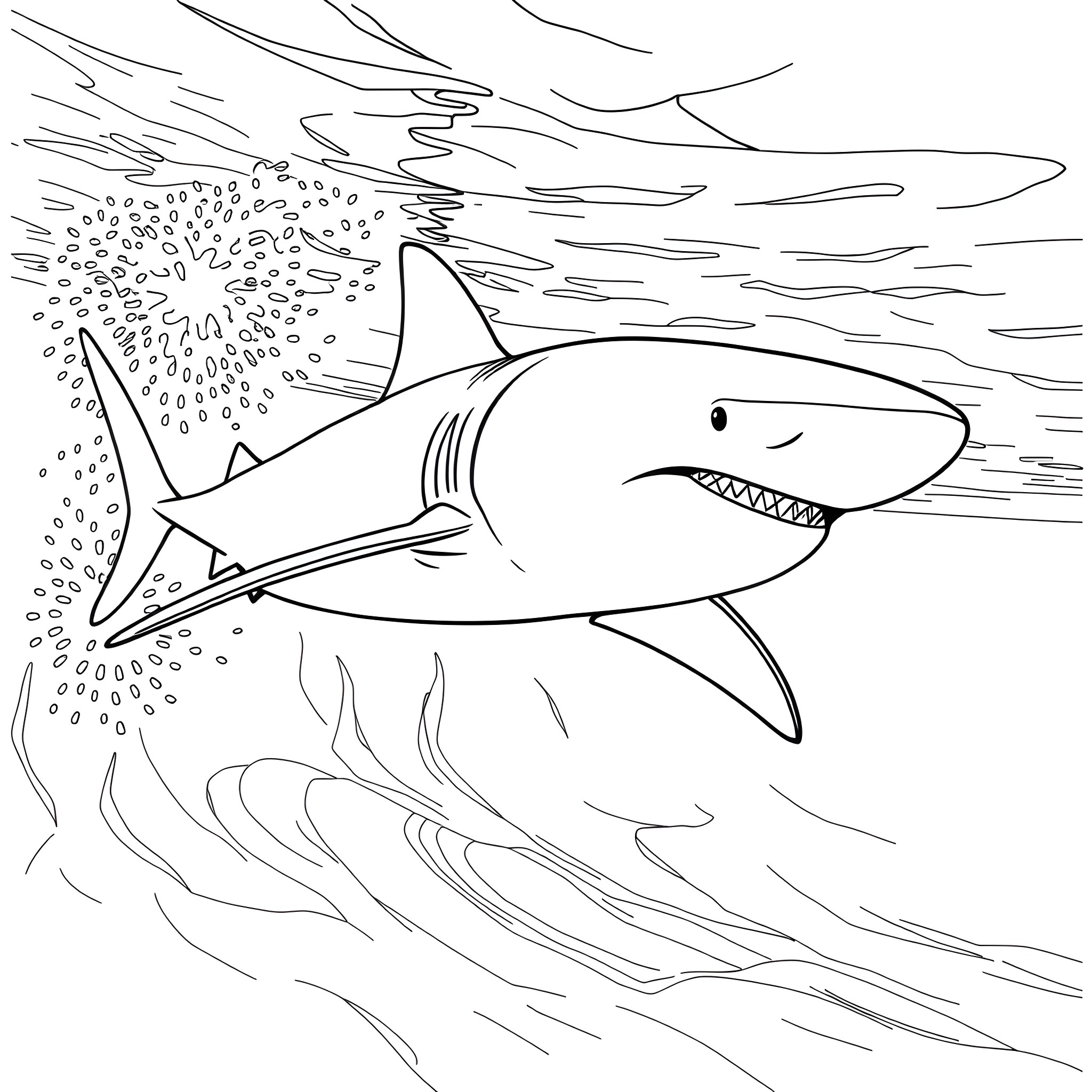 Scar the Shark Swimming Swiftly Coloring Page (free black-and-white line drawing printable PDF for all, from beginners to advanced learners, including children, teens, adults, and seniors)