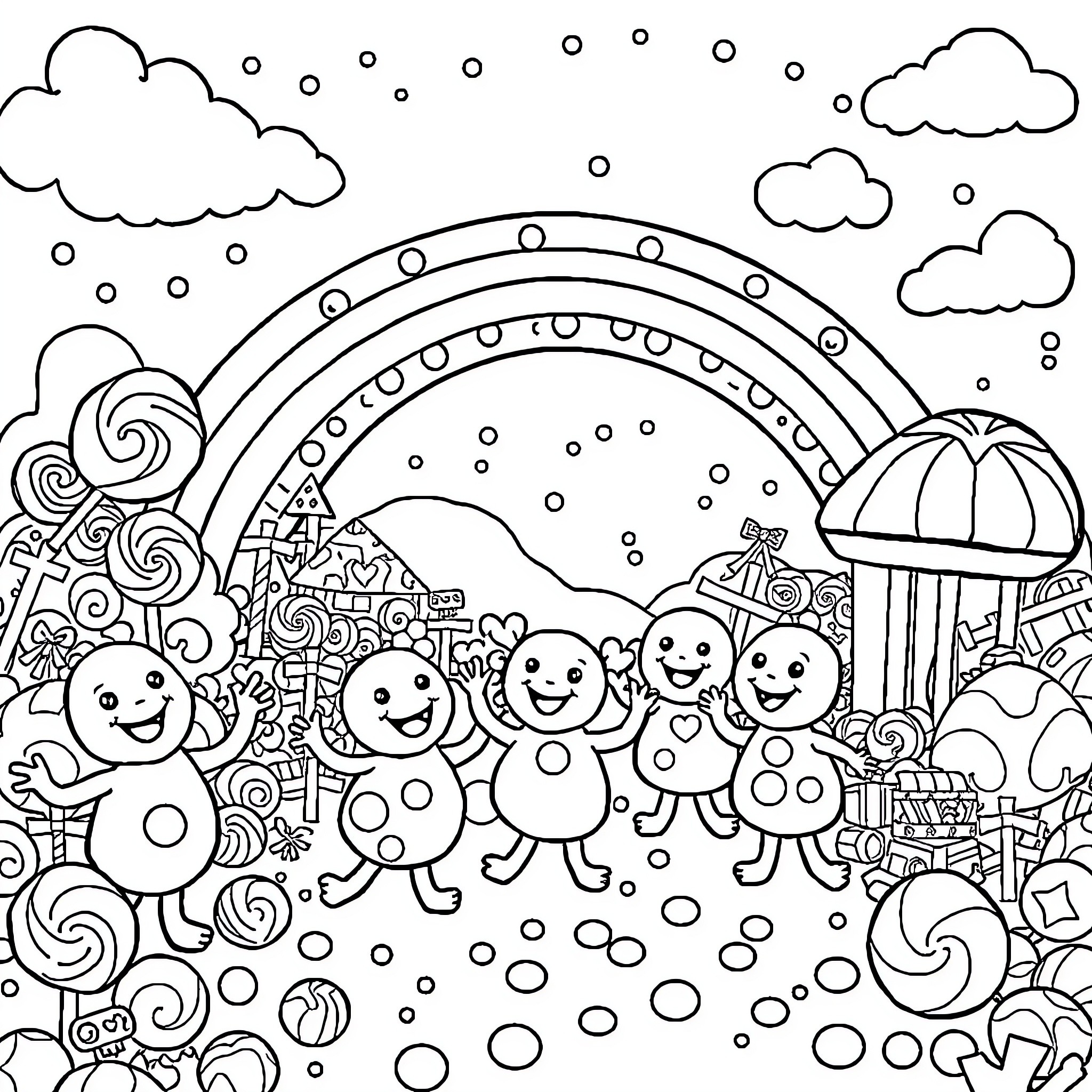 Candy-Coated Characters in a Whimsical Wonderland Coloring Page (free black-and-white line drawing printable PDF for all, from beginners to advanced learners, including children, teens, adults, and seniors)