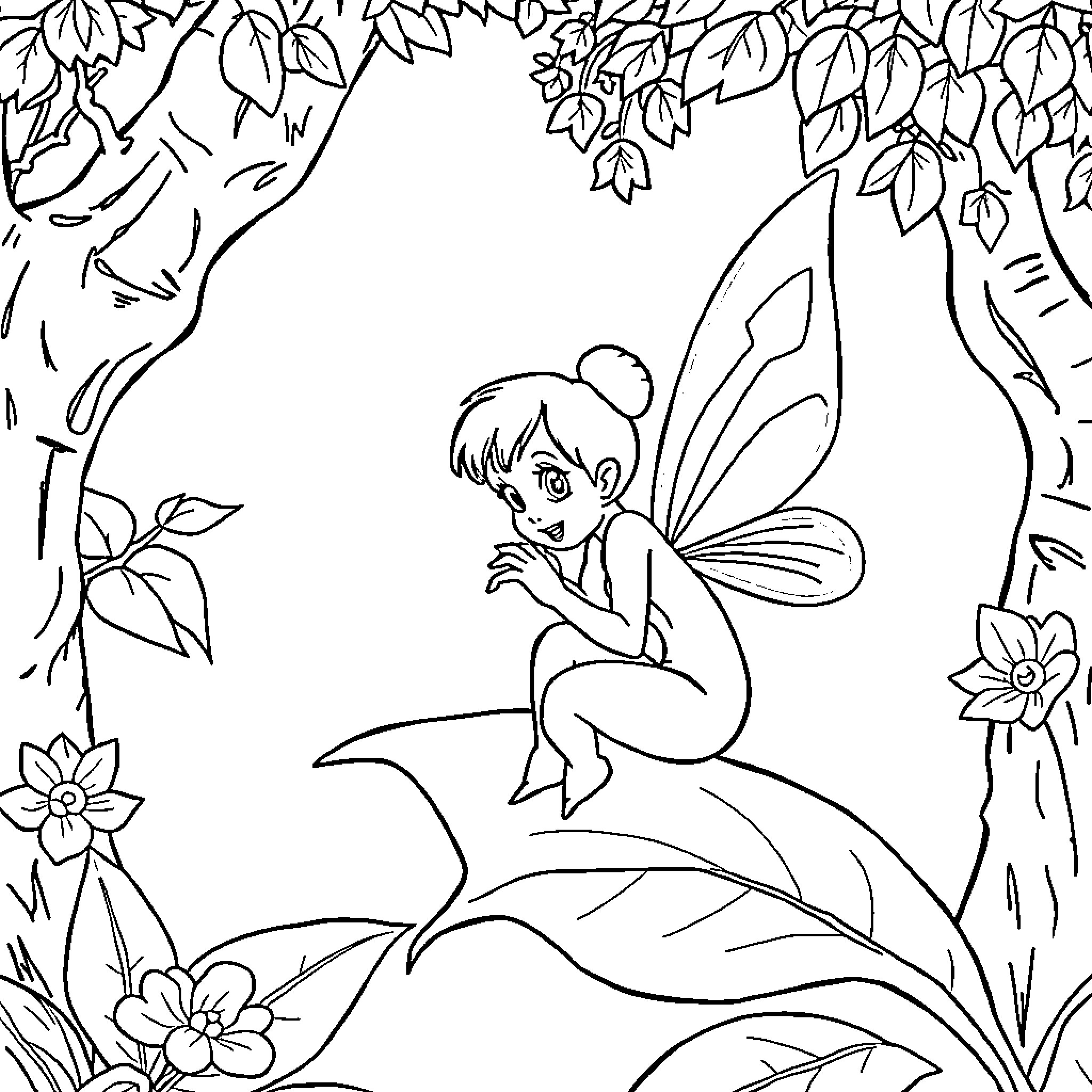 Tinkerbell exploring the enchanted forest Coloring Page (free black-and-white line drawing printable PDF for all, from beginners to advanced learners, including children, teens, adults, and seniors)