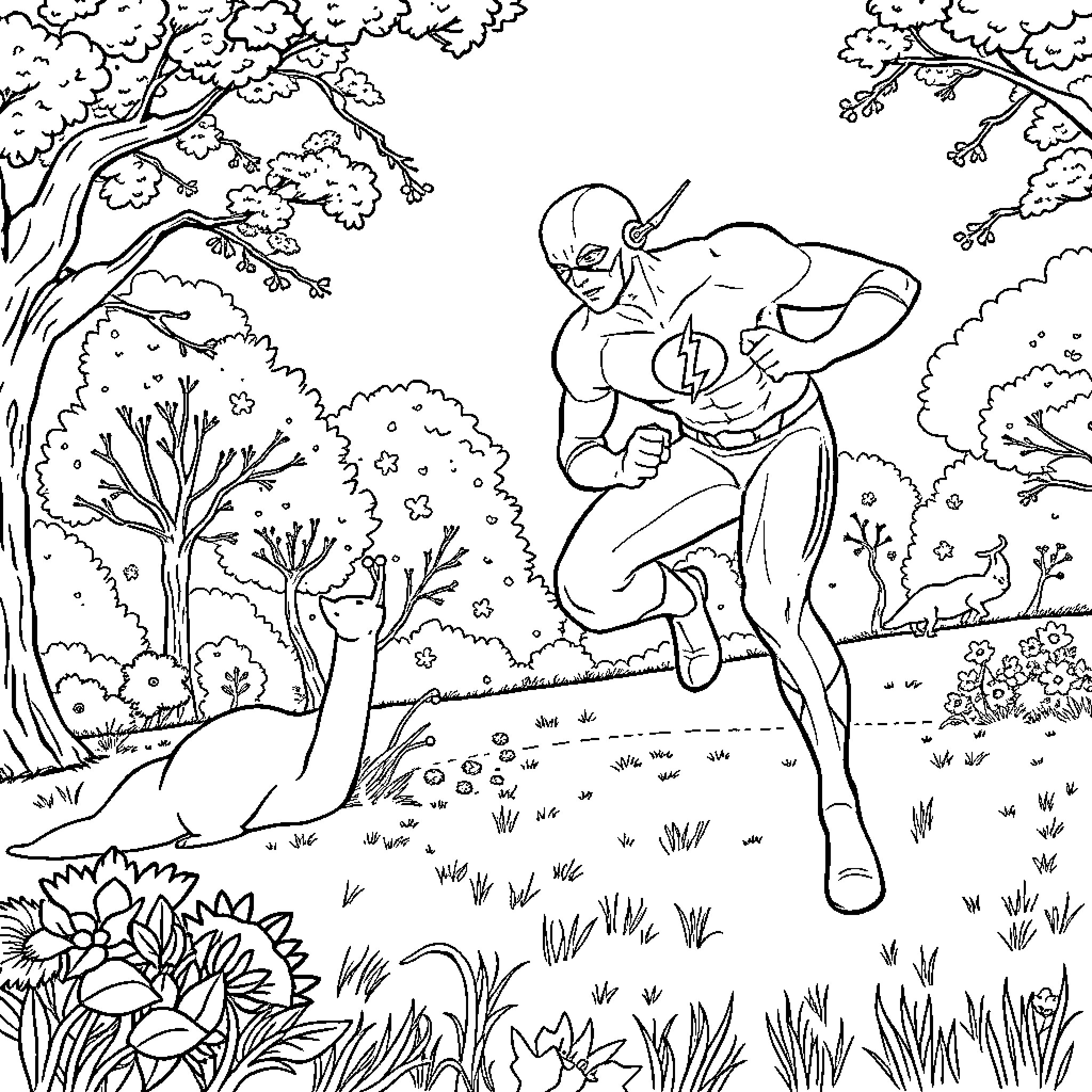 Flash speeds through the enchanted forest Coloring Page (free black-and-white line drawing printable PDF for all, from beginners to advanced learners, including children, teens, adults, and seniors)