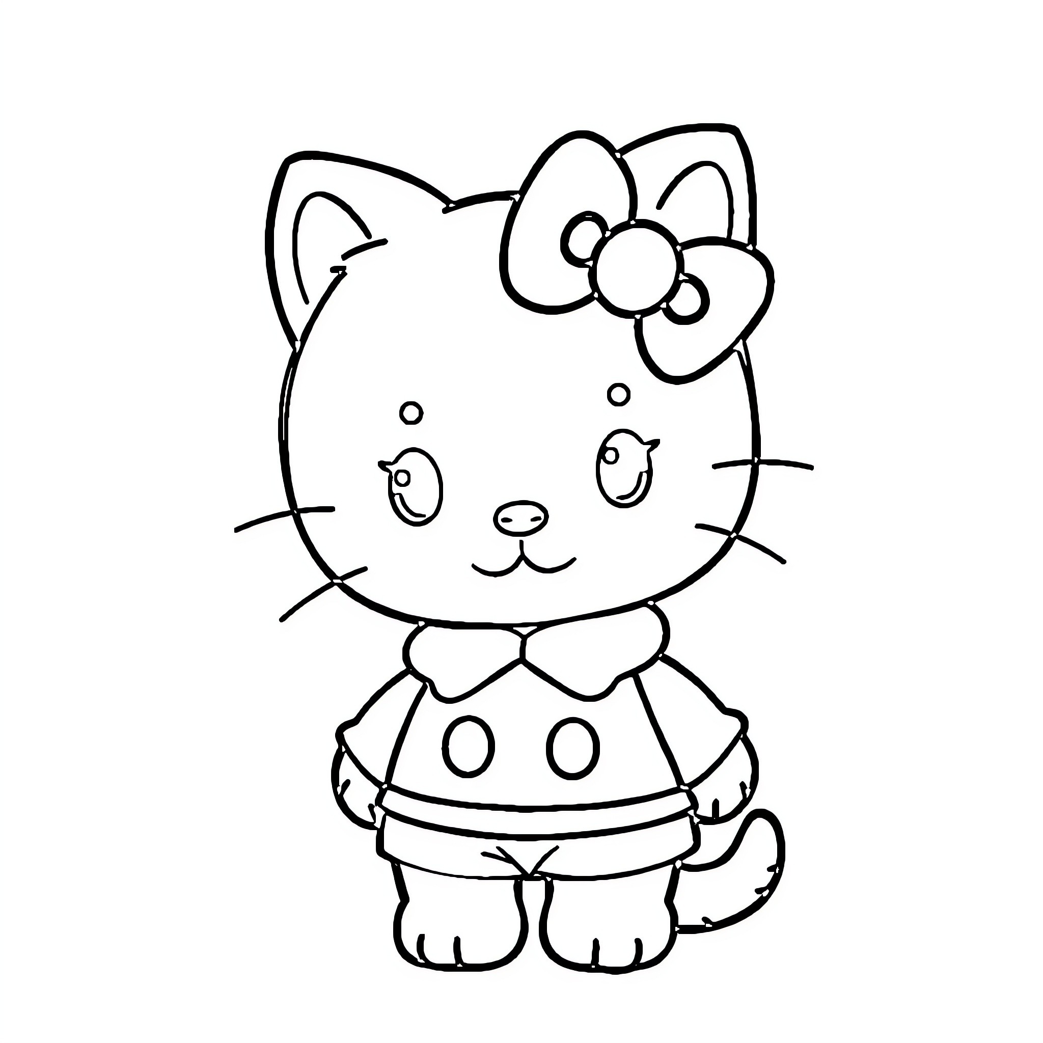 Hello Kitty in a cute dress and bow Coloring Page (free black-and-white line drawing printable PDF for all, from beginners to advanced learners, including children, teens, adults, and seniors)