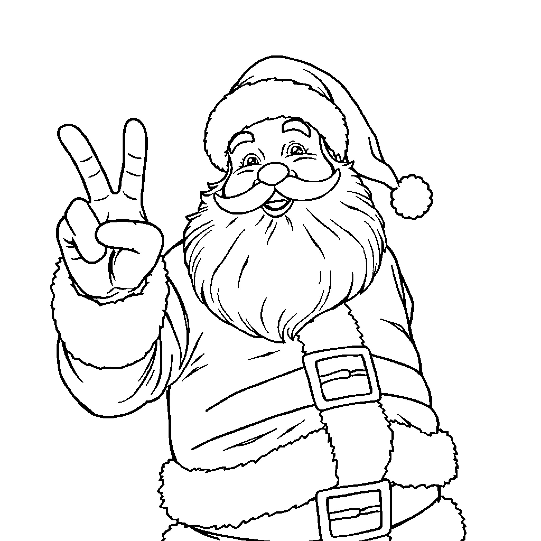 Santa Making a Peace Sign Coloring Page (free black-and-white line drawing printable PDF for all, from beginners to advanced learners, including children, teens, adults, and seniors)