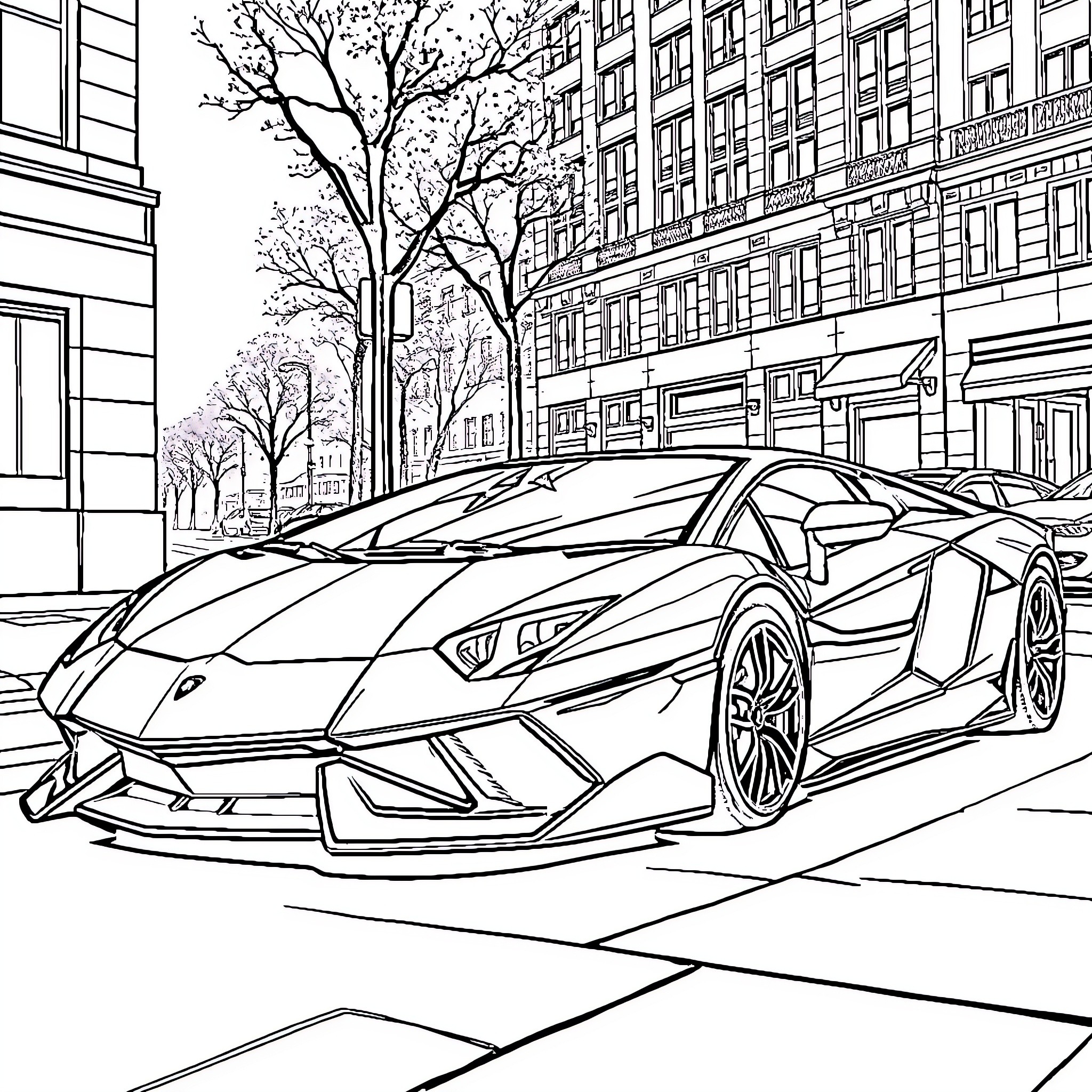 Lamborghini sports car on city street Coloring Page (free black-and-white line drawing printable PDF for all, from beginners to advanced learners, including children, teens, adults, and seniors)