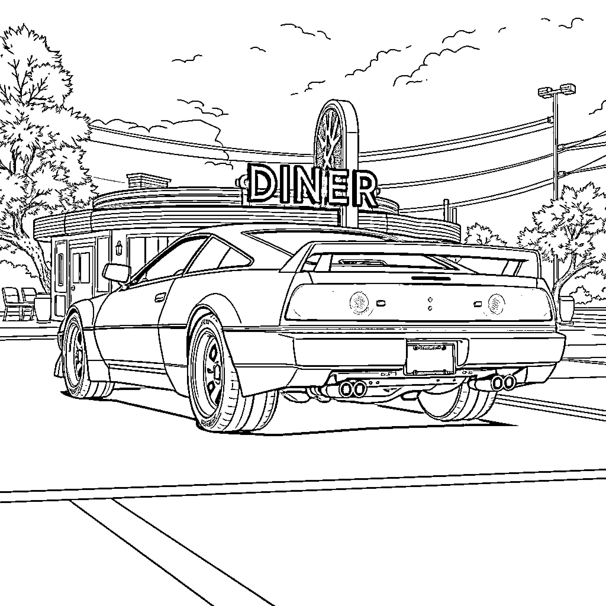 Sports Car parked at Diner in scenic landscape Coloring Page (free black-and-white line drawing printable PDF for all, from beginners to advanced learners, including children, teens, adults, and seniors)