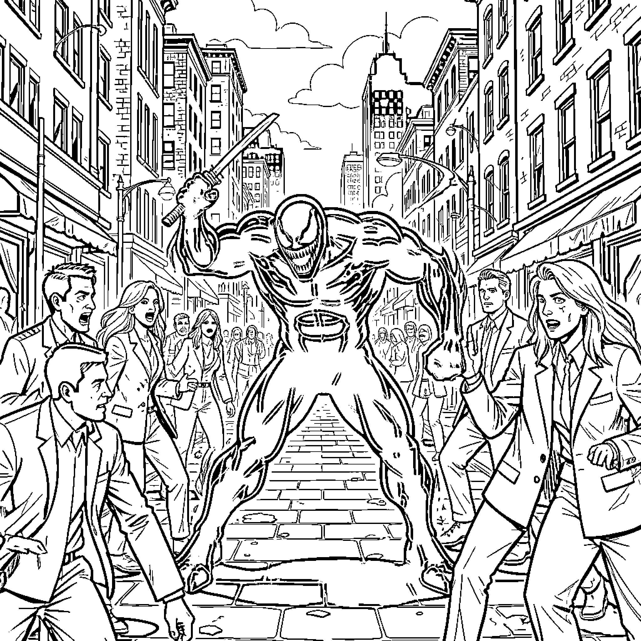 Venom Confronting Humans in City Street Coloring Page (free black-and-white line drawing printable PDF for all, from beginners to advanced learners, including children, teens, adults, and seniors)