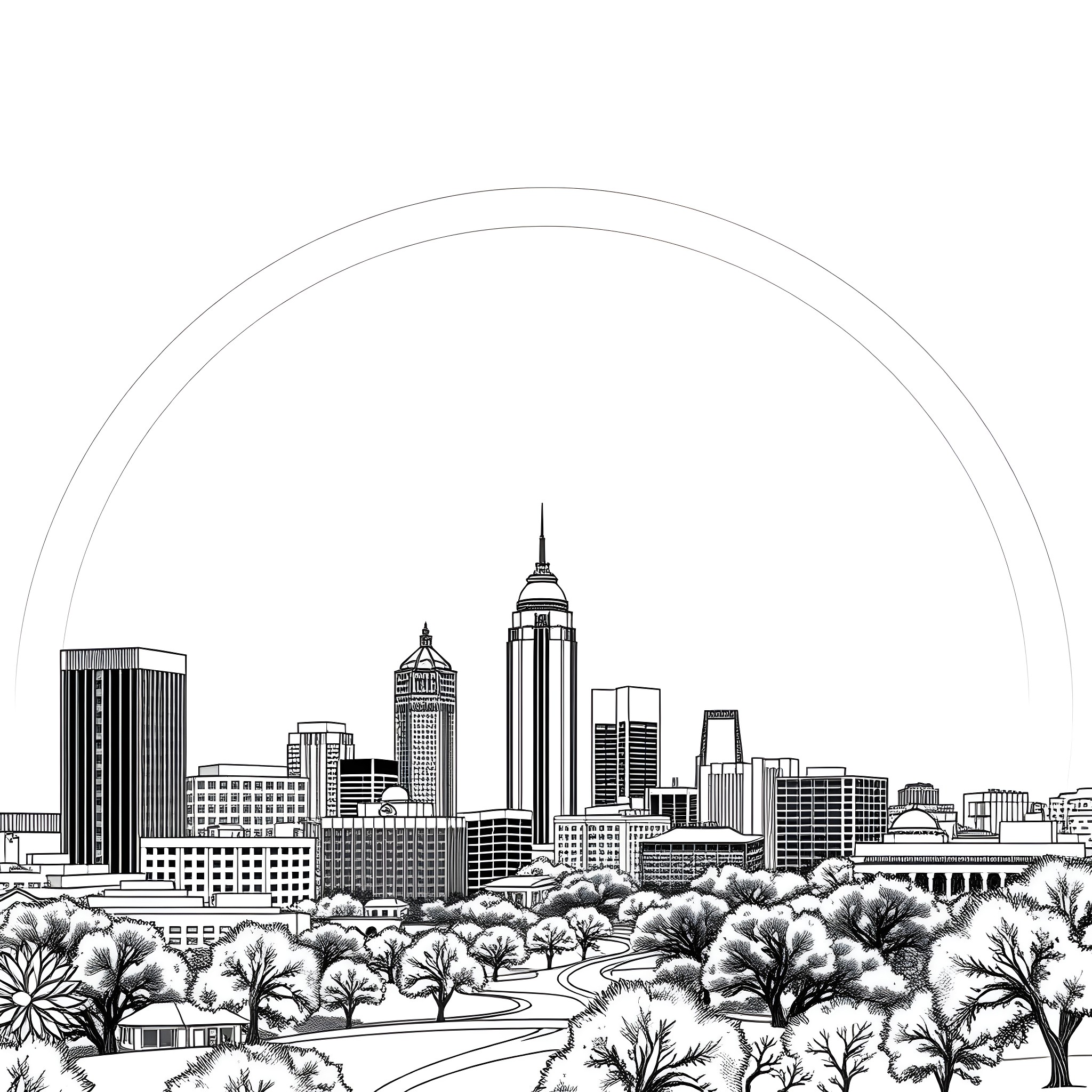Austin skyline with trees in the foreground Coloring Page (free black-and-white line drawing printable PDF for all, from beginners to advanced learners, including children, teens, adults, and seniors)
