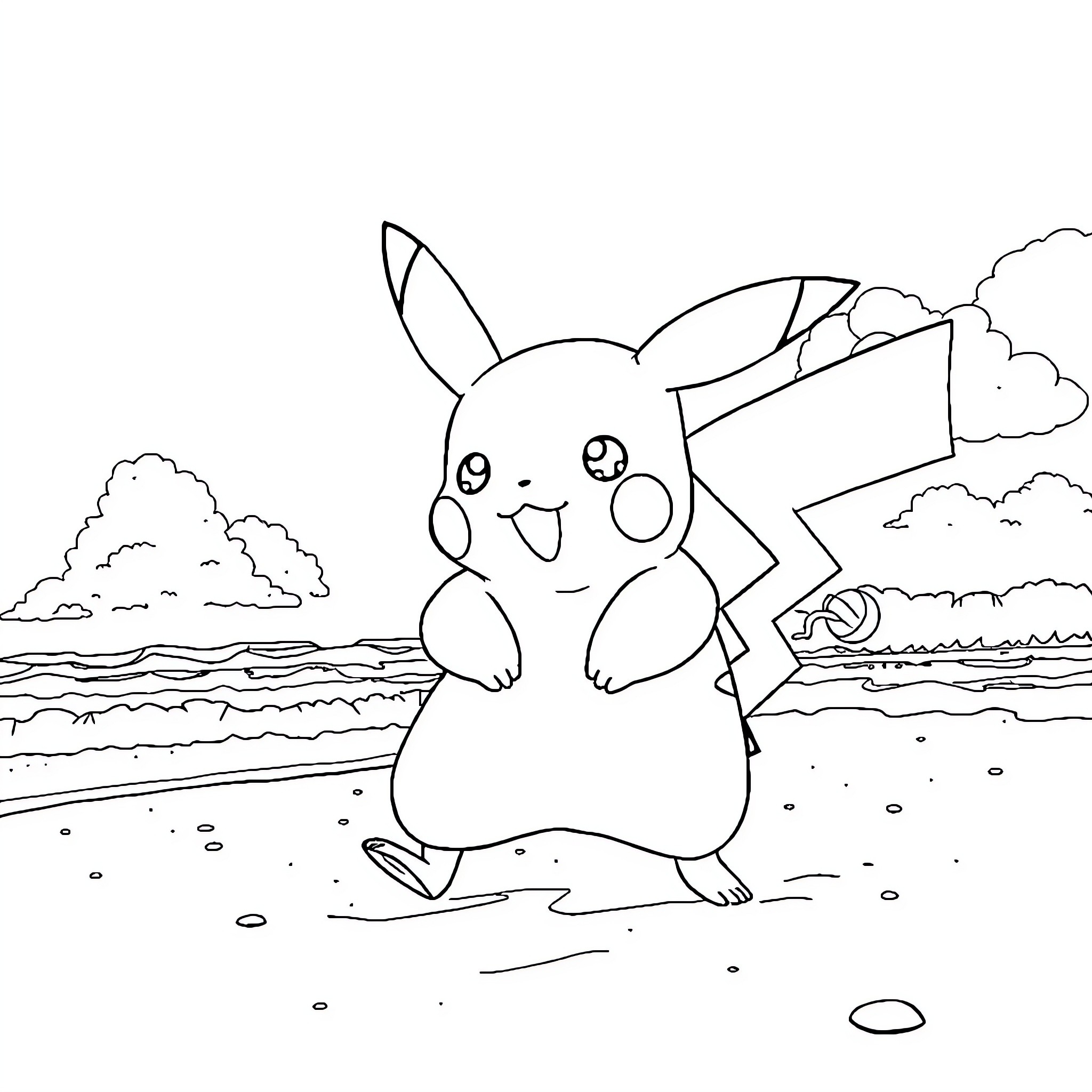 Pikachu enjoying the outdoor scenery Coloring Page (free black-and-white line drawing printable PDF for all, from beginners to advanced learners, including children, teens, adults, and seniors)