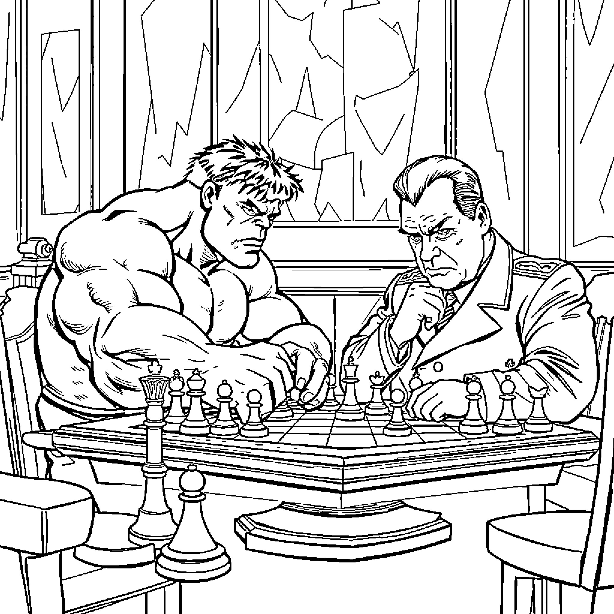 Hulk Challenges Opponent to a Game of Chess Coloring Page (free black-and-white line drawing printable PDF for all, from beginners to advanced learners, including children, teens, adults, and seniors)
