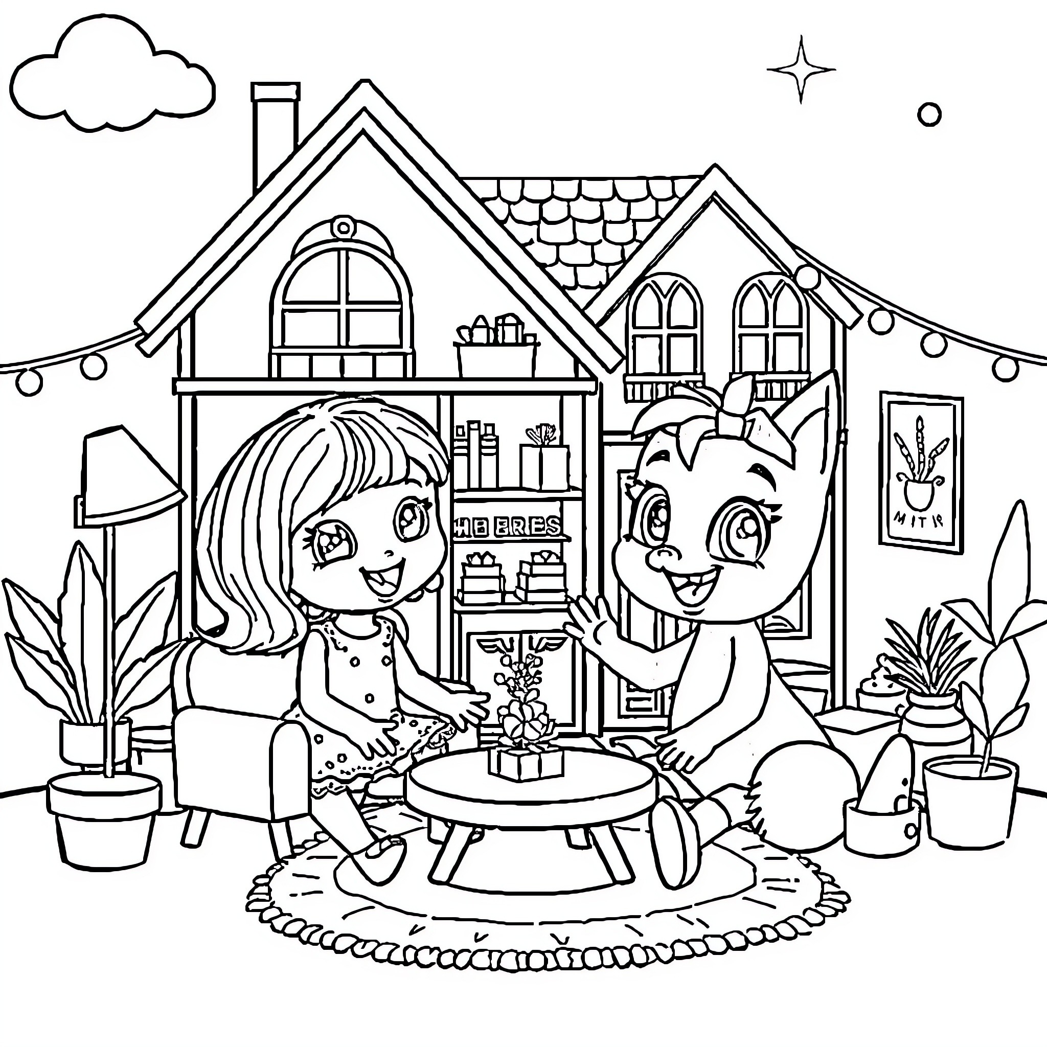 Bluey's Cozy Home Adventure Coloring Page (free black-and-white line drawing printable PDF for all, from beginners to advanced learners, including children, teens, adults, and seniors)