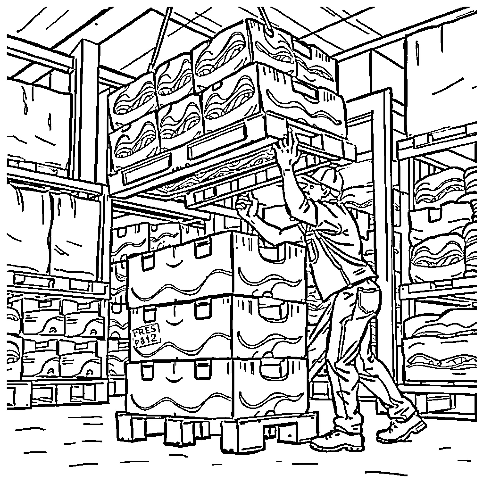 Worker organizing and loading storage containers Coloring Page (free black-and-white line drawing printable PDF for all, from beginners to advanced learners, including children, teens, adults, and seniors)
