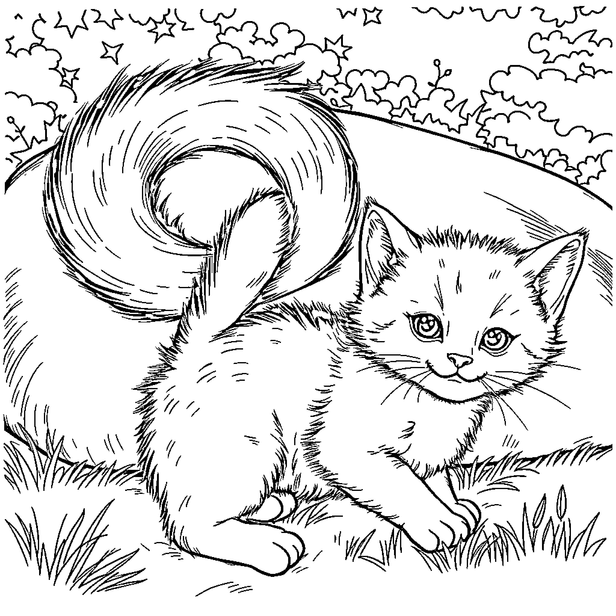 Kitten playing under the night sky Coloring Page (free black-and-white line drawing printable PDF for all, from beginners to advanced learners, including children, teens, adults, and seniors)