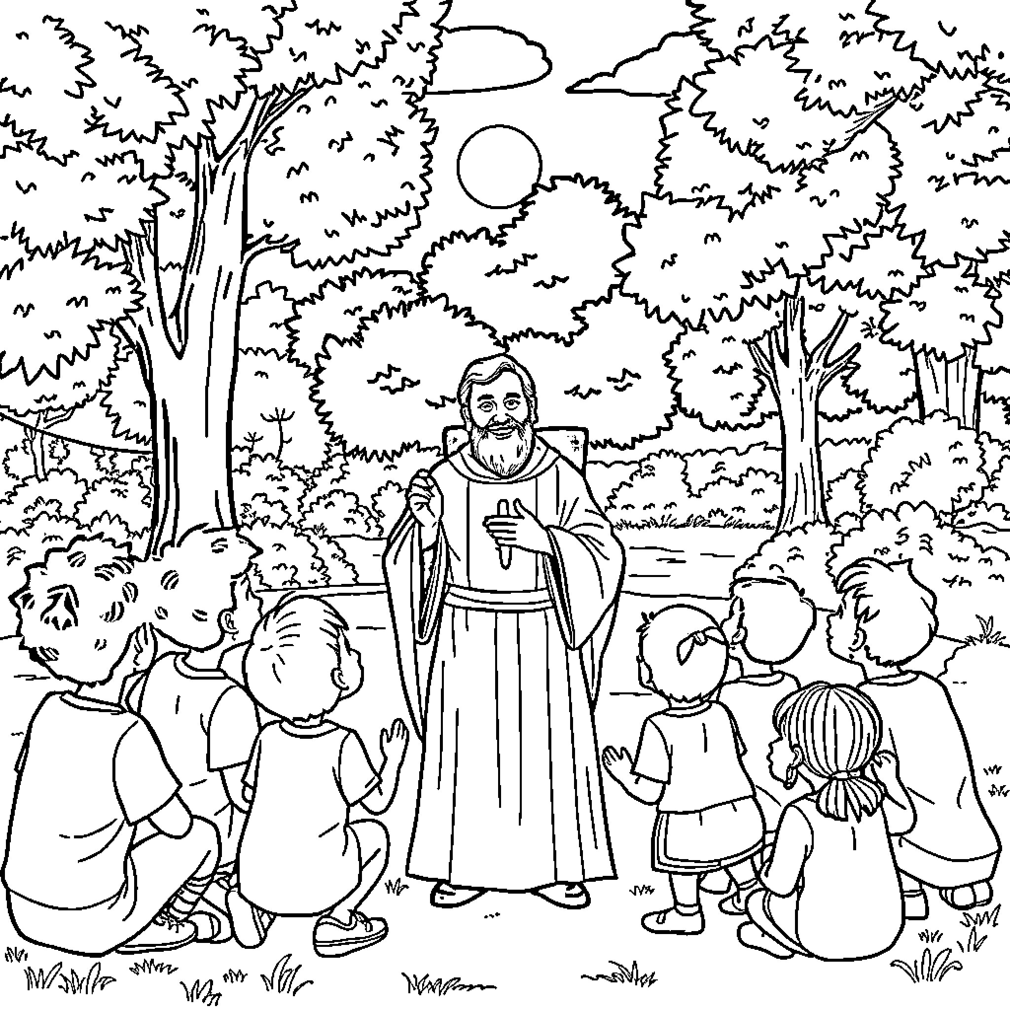 Saint John Bosco sharing lessons with children in nature Coloring Page (free black-and-white line drawing printable PDF for all, from beginners to advanced learners, including children, teens, adults, and seniors)