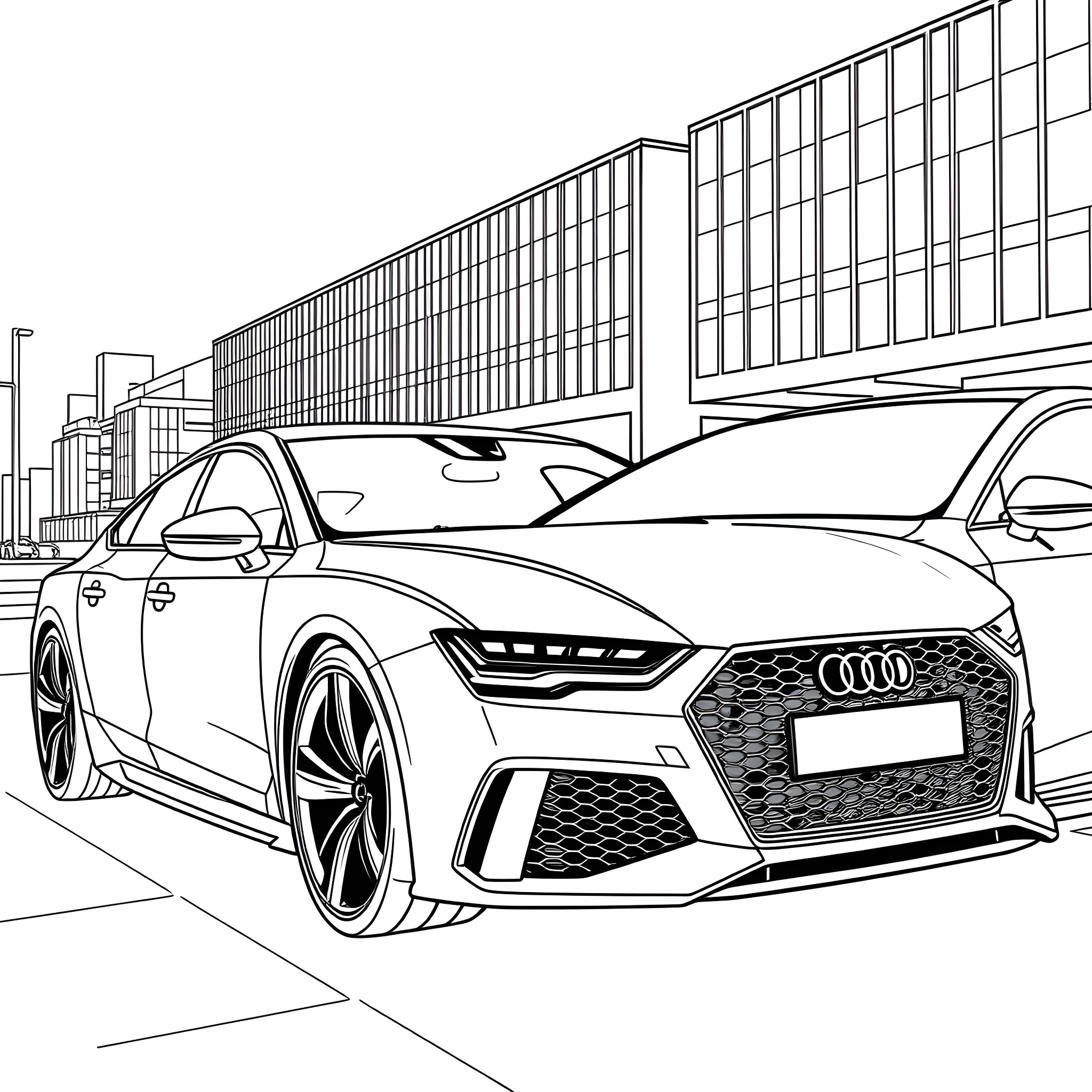 Audi RS Model Parked in Front of Modern Building Coloring Page (free black-and-white line drawing printable PDF for all, from beginners to advanced learners, including children, teens, adults, and seniors)