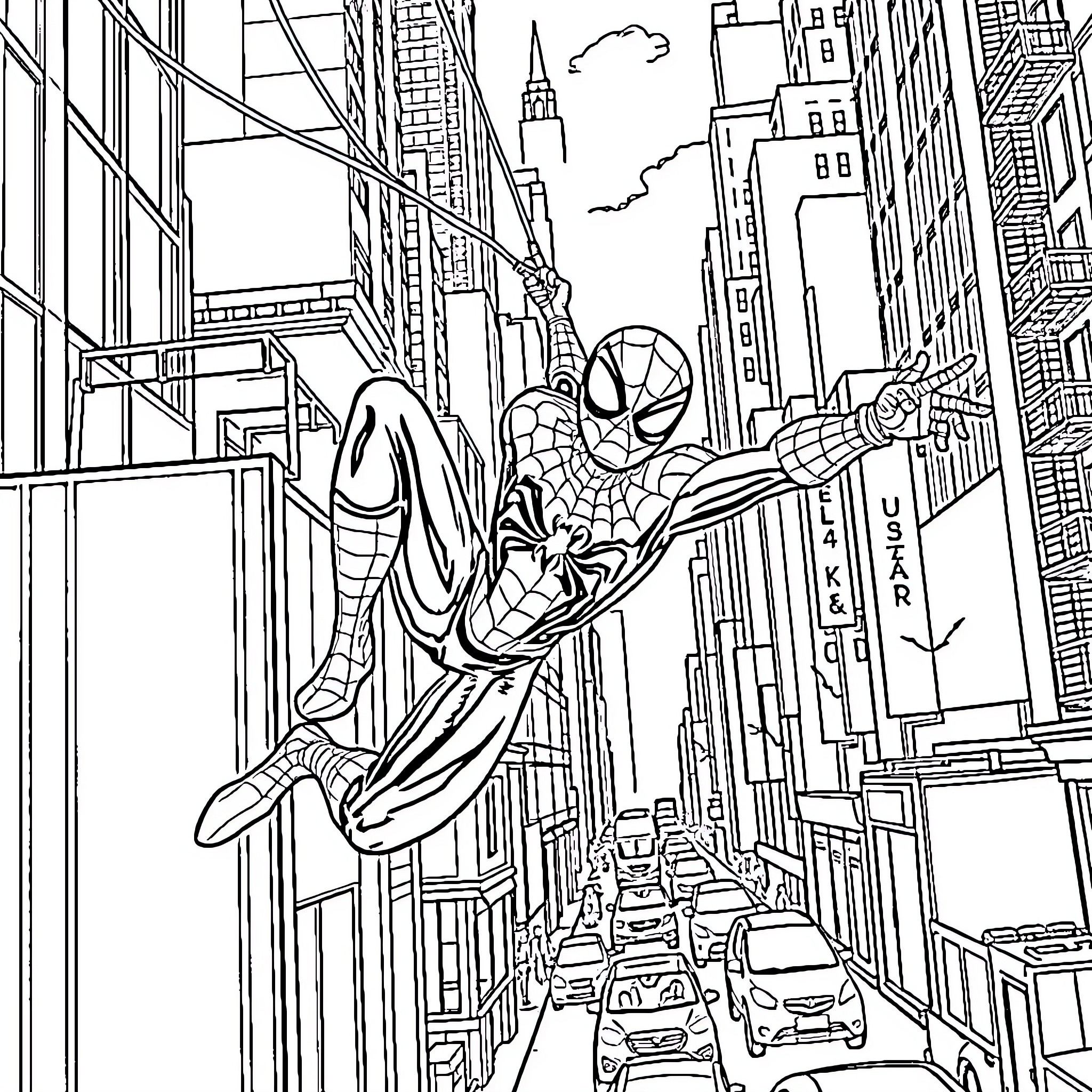 Spiderman swinging through the city streets Coloring Page (free black-and-white line drawing printable PDF for all, from beginners to advanced learners, including children, teens, adults, and seniors)