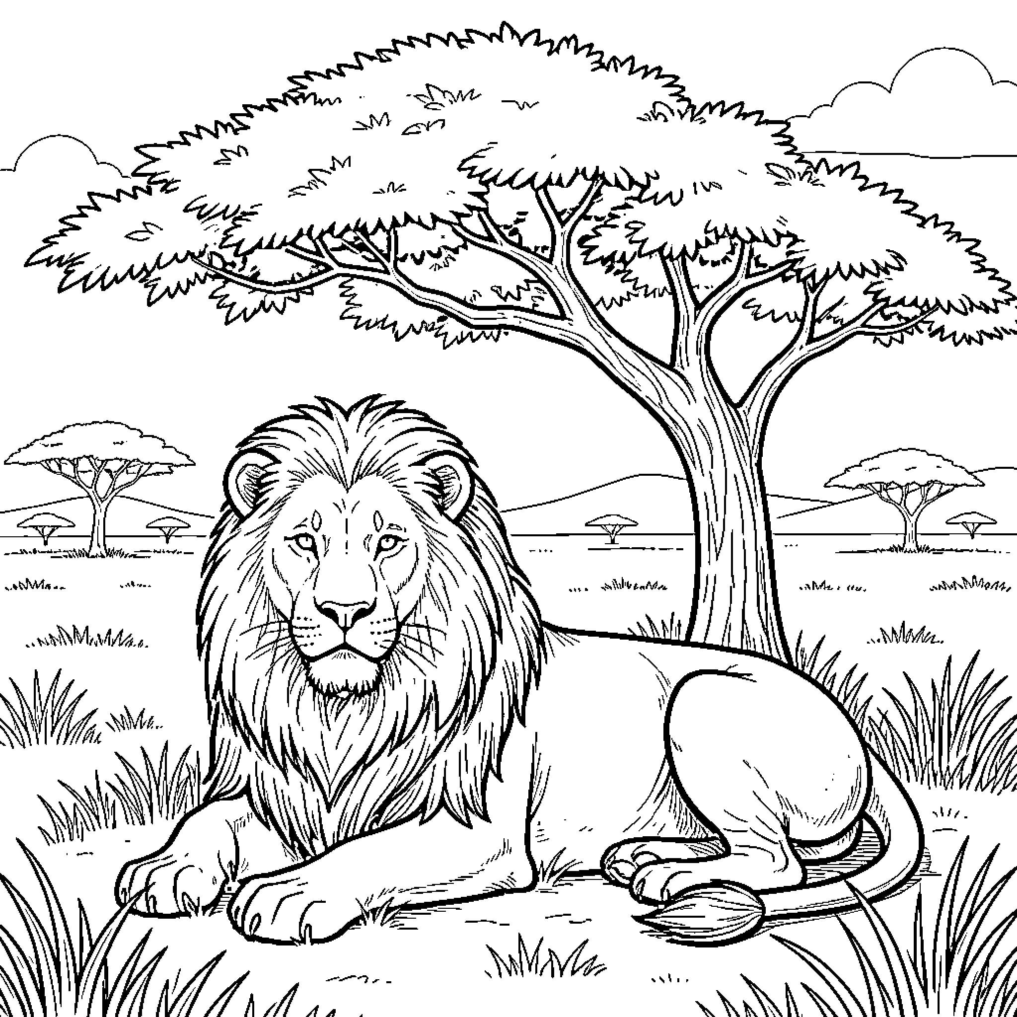 Lion resting in the African savanna Coloring Page (free black-and-white line drawing printable PDF for all, from beginners to advanced learners, including children, teens, adults, and seniors)