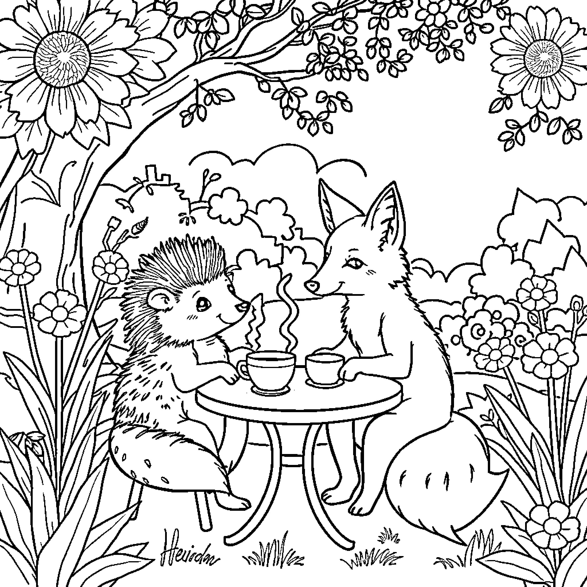 Fox and Hedgehog Enjoying Tea Party in Floral Garden Coloring Page (free black-and-white line drawing printable PDF for all, from beginners to advanced learners, including children, teens, adults, and seniors)