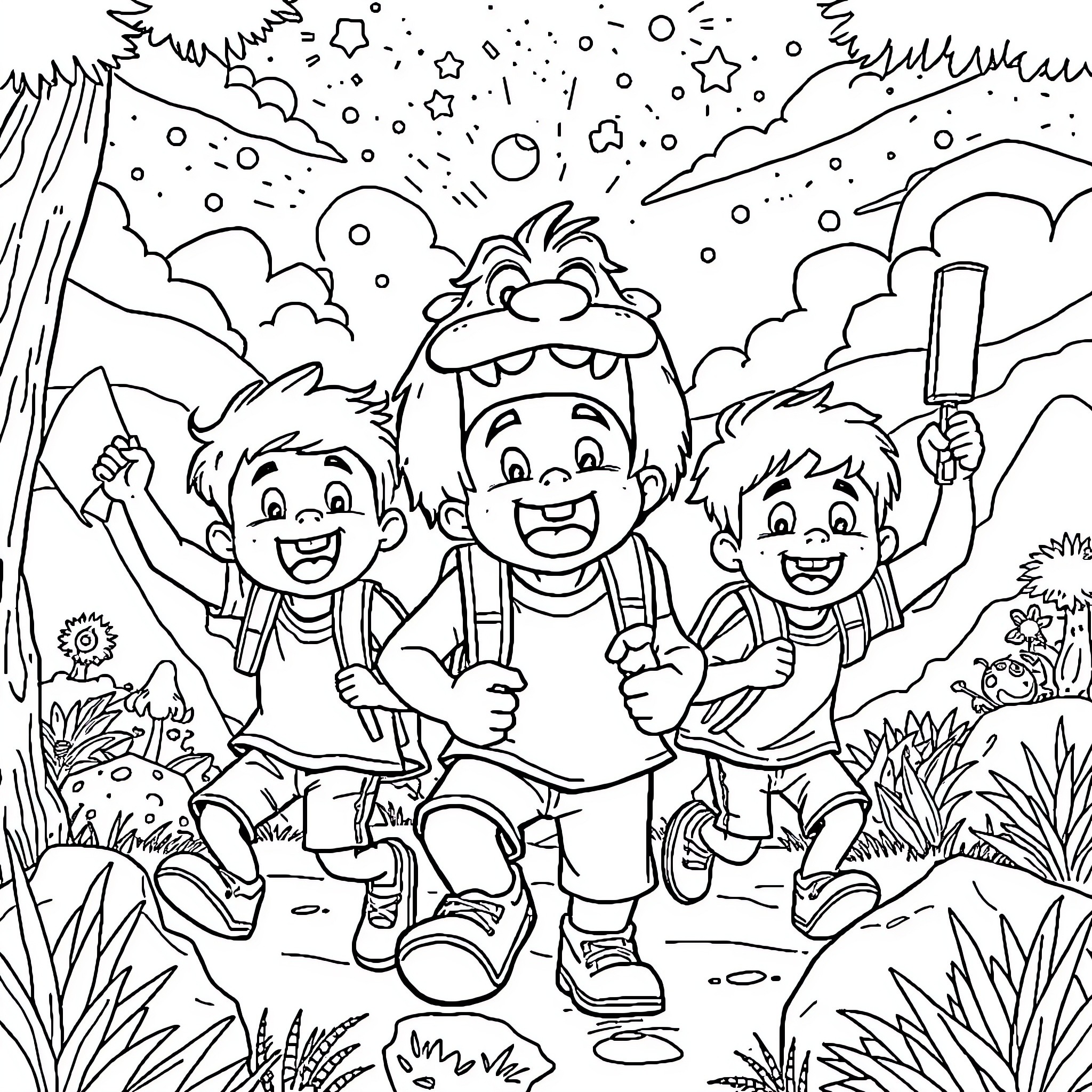 Brothers playing joyfully in the wilderness Coloring Page (free black-and-white line drawing printable PDF for all, from beginners to advanced learners, including children, teens, adults, and seniors)