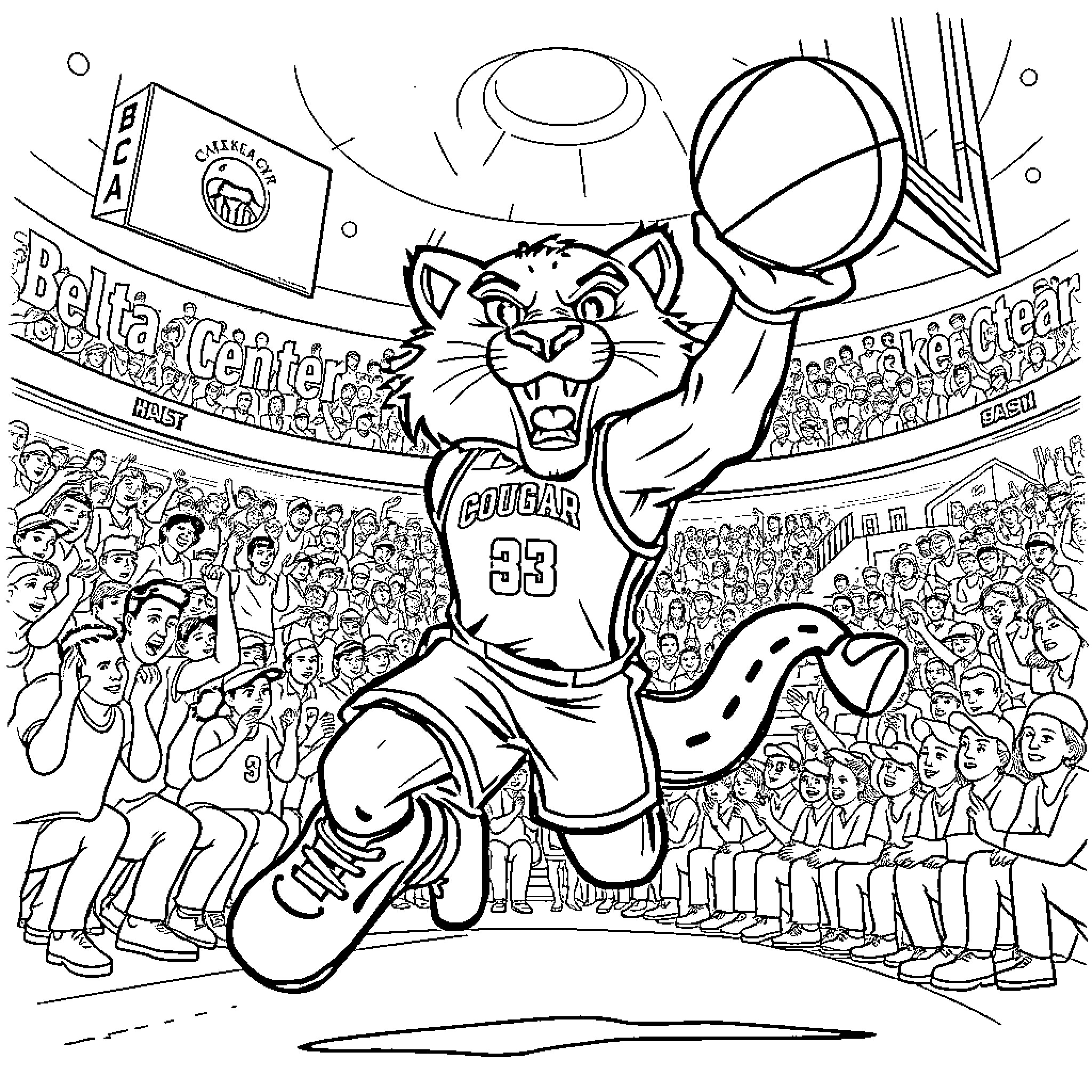 Cougar basketball player excites the crowd Coloring Page (free black-and-white line drawing printable PDF for all, from beginners to advanced learners, including children, teens, adults, and seniors)
