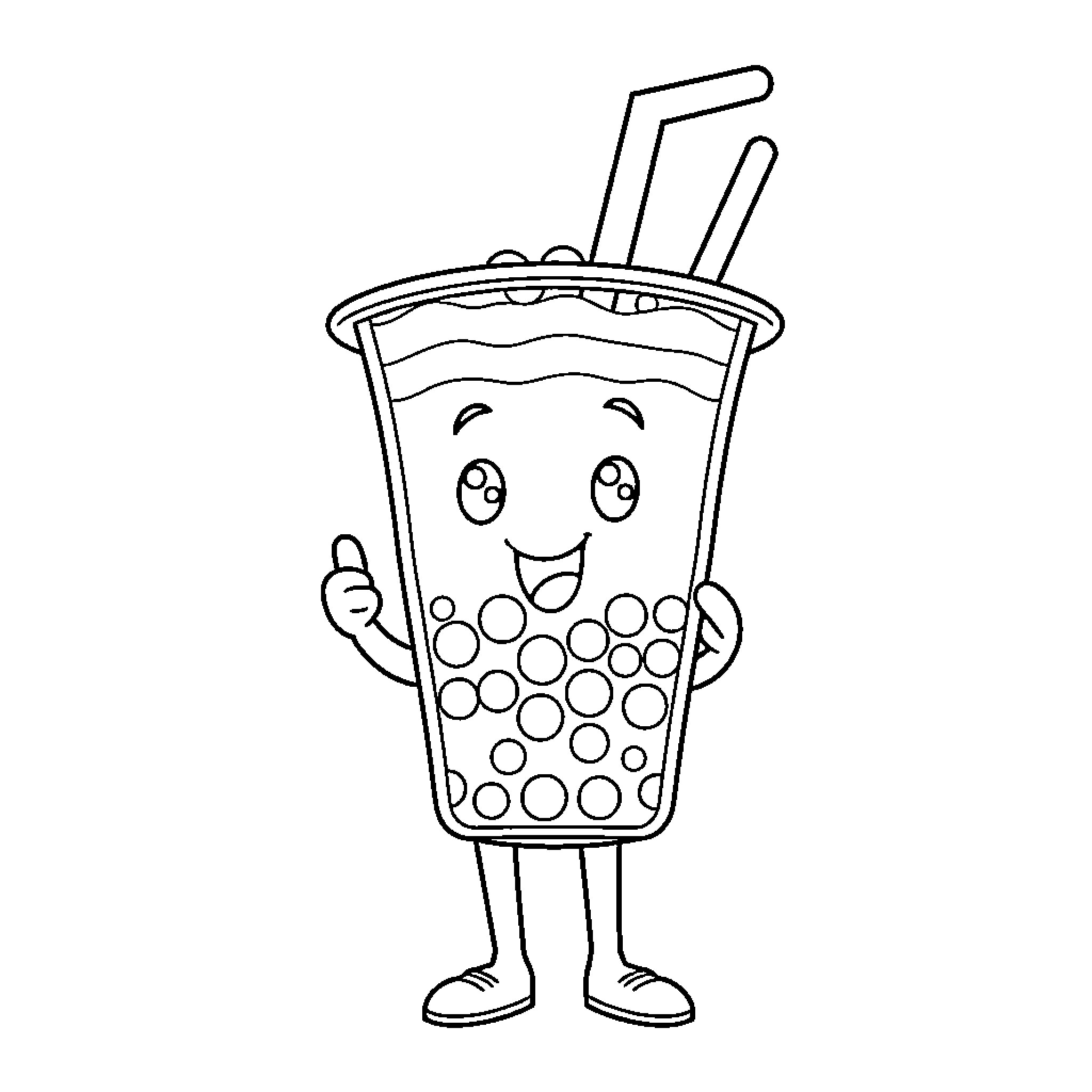 Boba Drink Character Smiling and Waving Coloring Page (free black-and-white line drawing printable PDF for all, from beginners to advanced learners, including children, teens, adults, and seniors)