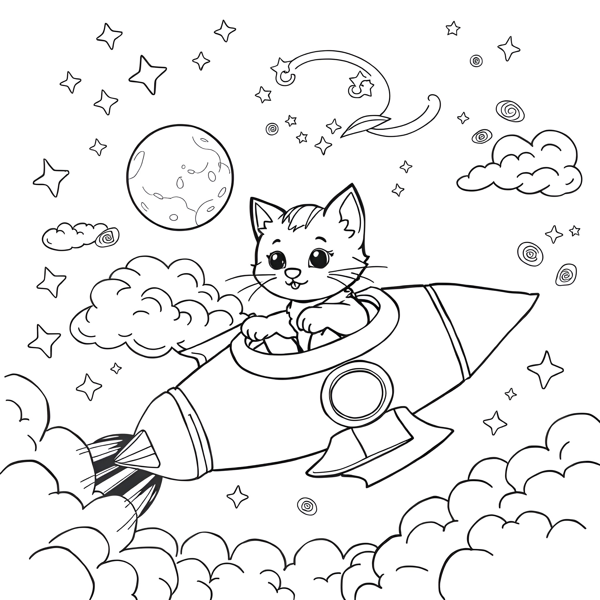 Kitten riding a rocket through the starry sky Coloring Page (free black-and-white line drawing printable PDF for all, from beginners to advanced learners, including children, teens, adults, and seniors)