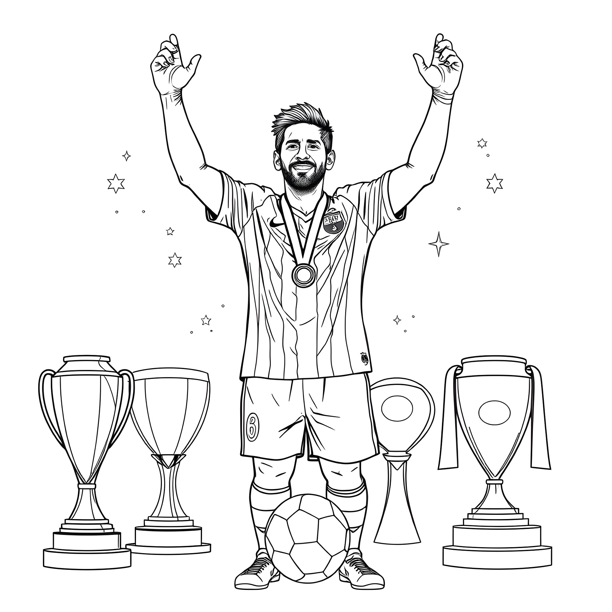 Lionel Messi celebrating victory with trophies Coloring Page (free black-and-white line drawing printable PDF for all, from beginners to advanced learners, including children, teens, adults, and seniors)