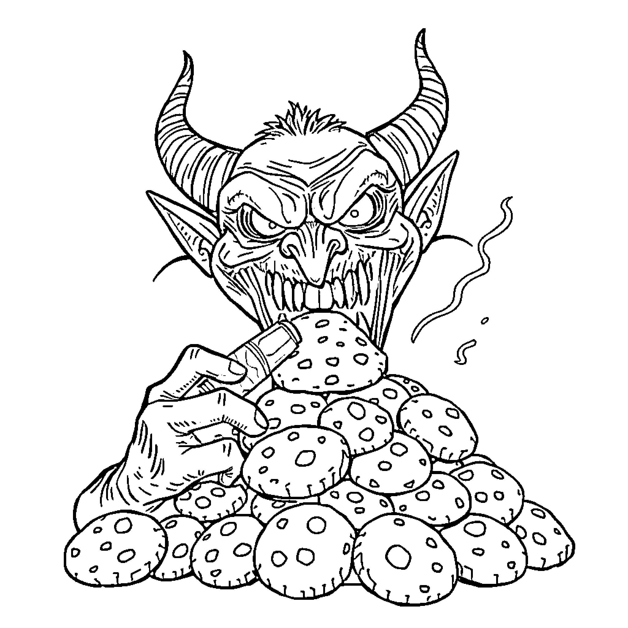 Demon devouring a pile of fungus-covered mushrooms Coloring Page (free black-and-white line drawing printable PDF for all, from beginners to advanced learners, including children, teens, adults, and seniors)
