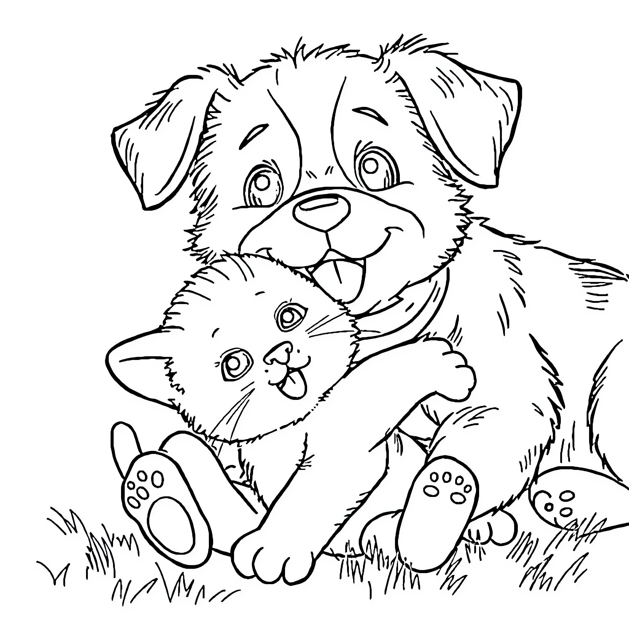 Cat and Puppy Playing Together Coloring Page (free black-and-white line drawing printable PDF for all, from beginners to advanced learners, including children, teens, adults, and seniors)