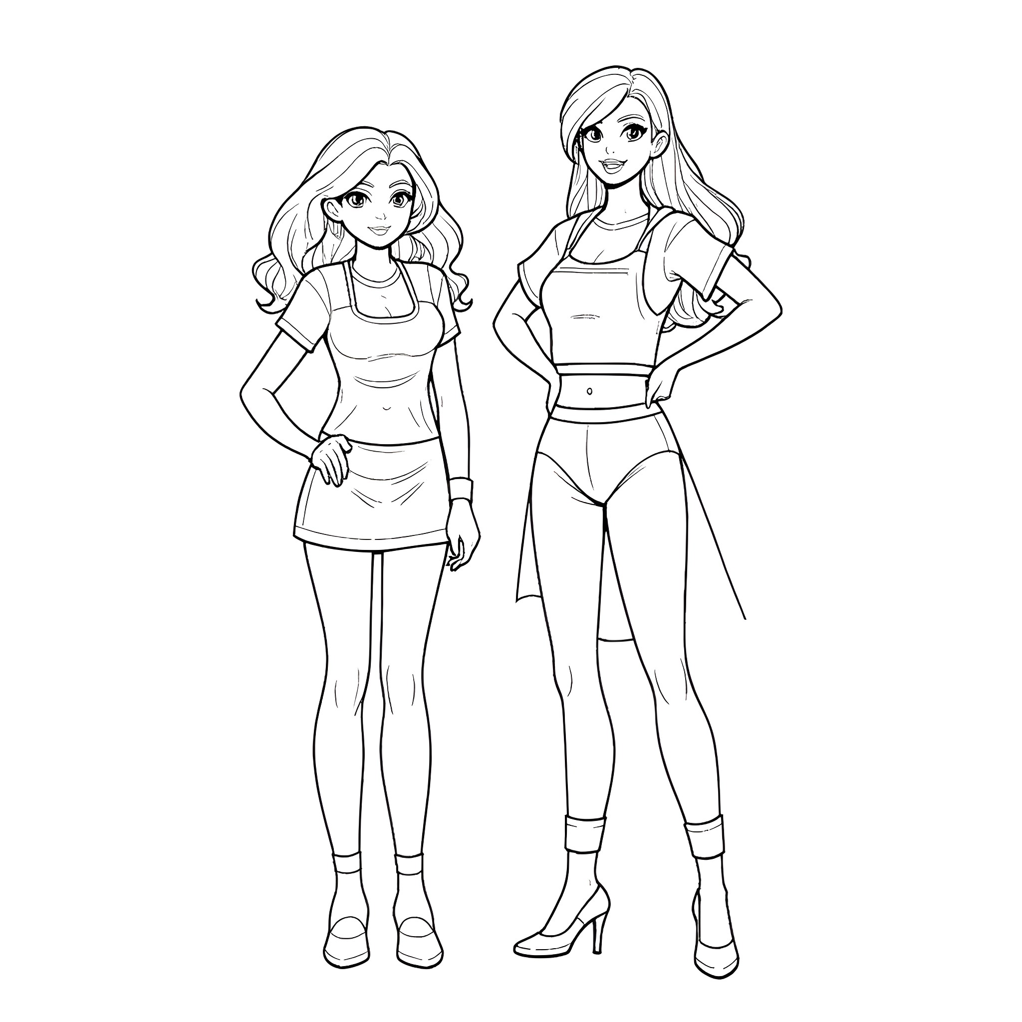 Powerpuff Girls inspired outfits with stylish poses Coloring Page (free black-and-white line drawing printable PDF for all, from beginners to advanced learners, including children, teens, adults, and seniors)